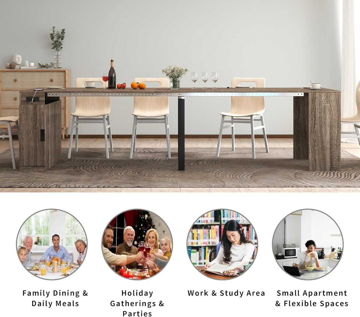 Extendable Dining Table with Storage, Transformer Extra Console Table for 1-12 People, Folding Space Saving Dining Room Table with Built-in Outlet for Homes, Apartments, Oak
