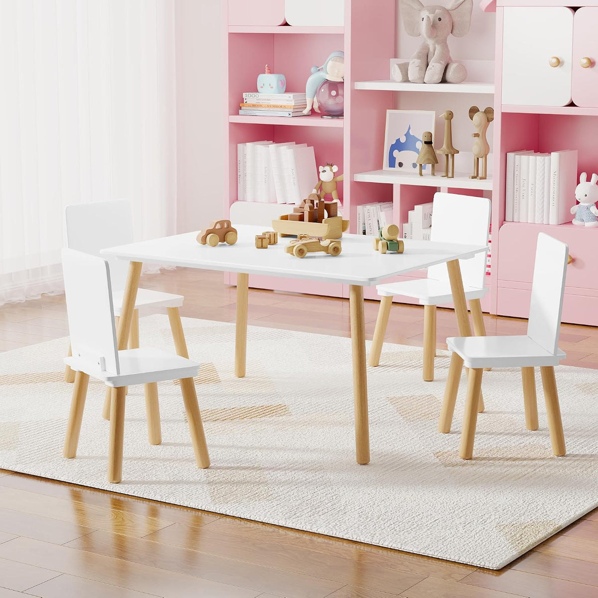 Table & 4 Chairs Set is for Boys Girls, 5-Piece Wooden Activity Table Set with Solid Wood Legs, Boys Girls Play Table & Chair Set for Drawing, Reading, Learning & Dining, White+Natural