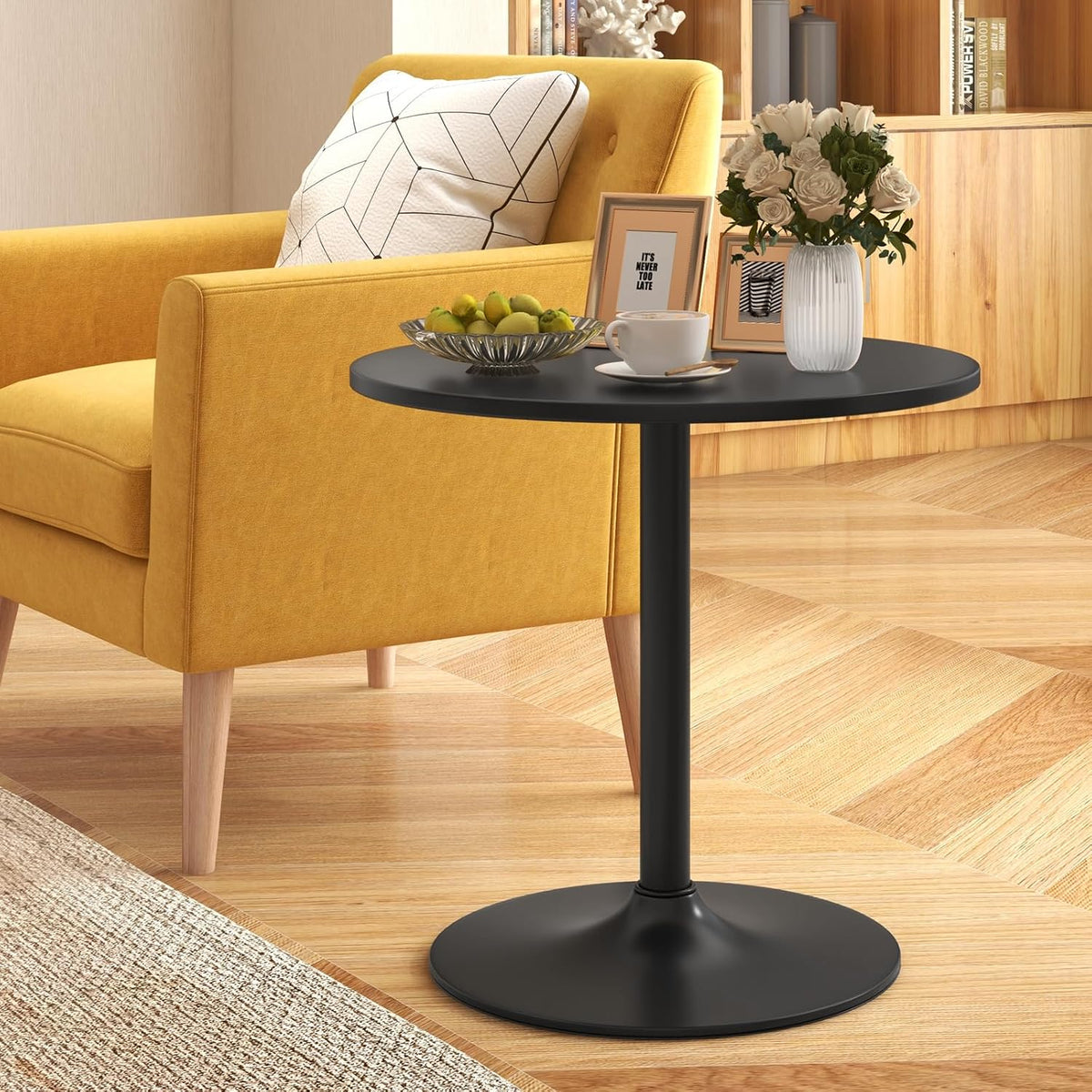 COSTWAY 3 Pieces Bar Table Set, Counter Height Table Set with 2 Bar Stools | Round Cocktail Table and PU Leather Adjustable Swivel Chairs, for Small Space, Kitchen, Office (Black+Black)