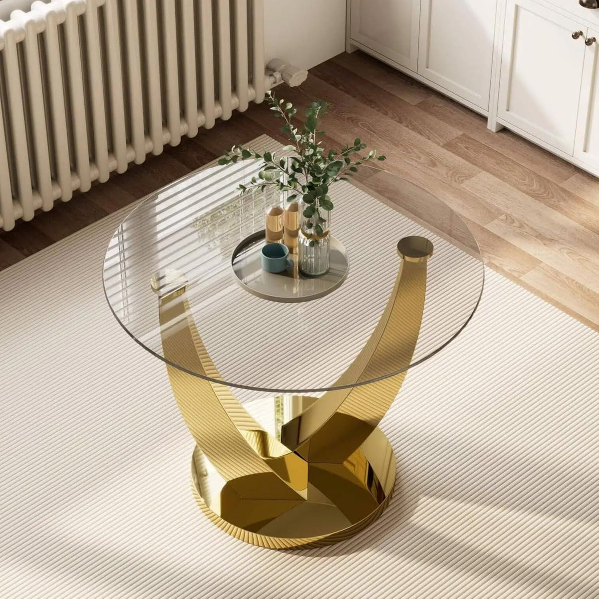 38.9" Round Glass Dining Table for 2-4, Modern Glass Dining Room Table with Tempered Glass Top & Stainless Steel Legs, Round Kitchen Table for Small Space, Apartment(Gold)