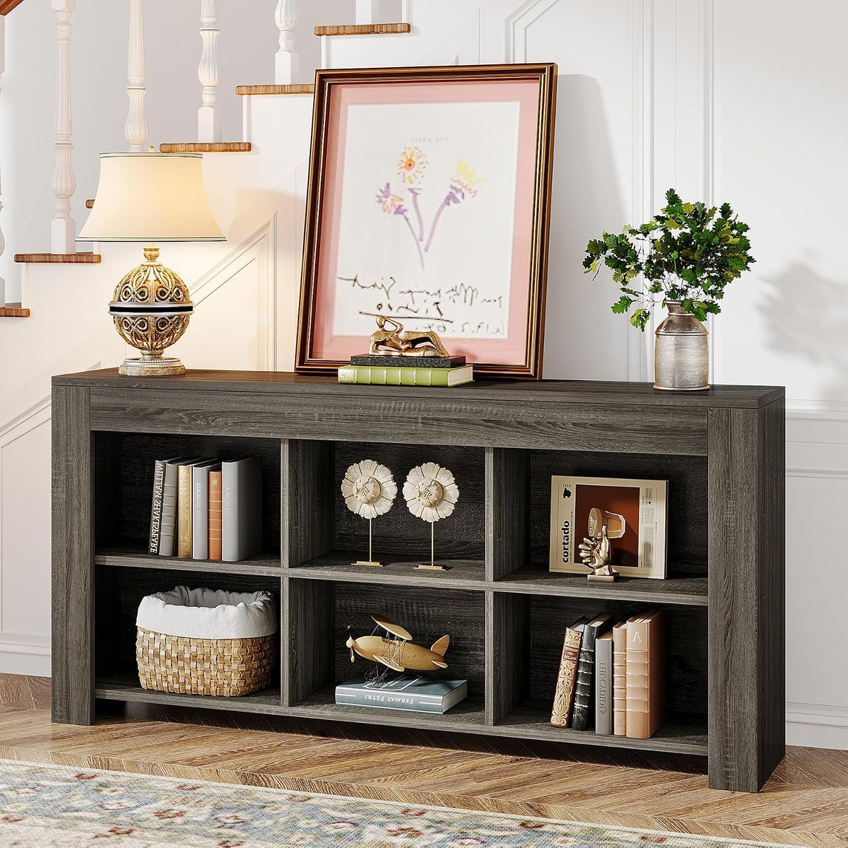 Tribesigns 63-Inch Long Sofa Console Table, Rustic Wood Entryway Table with 6 Storage Cubes for Living Room, Hallway, Behind Couch (Grey)