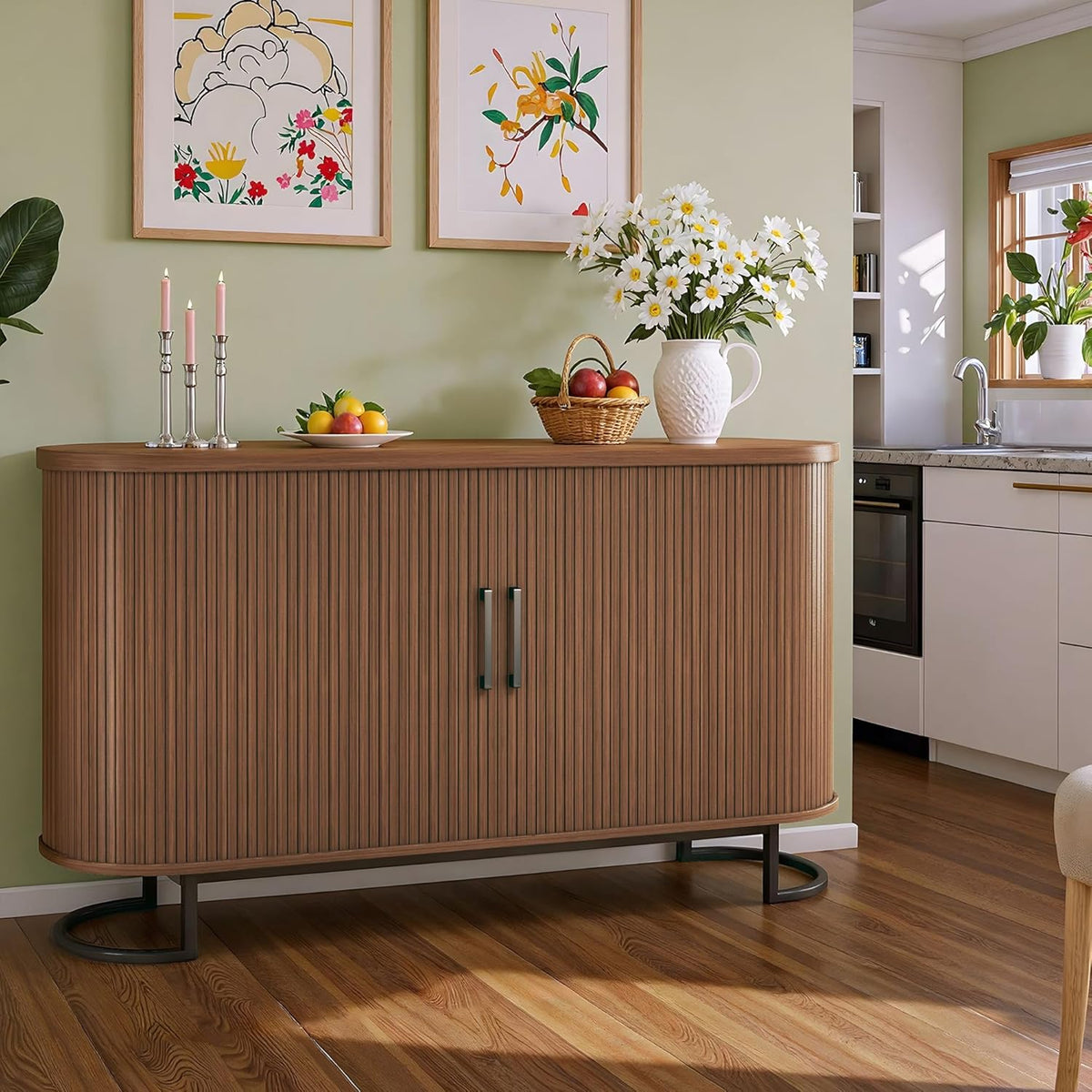 HUAHUU Sideboard Buffet Cabinet with Storage, 54.3" Fluted Tambour, Adjustable Shelves, Mid Century Modern Console for Living Room Kitchen Walnut
