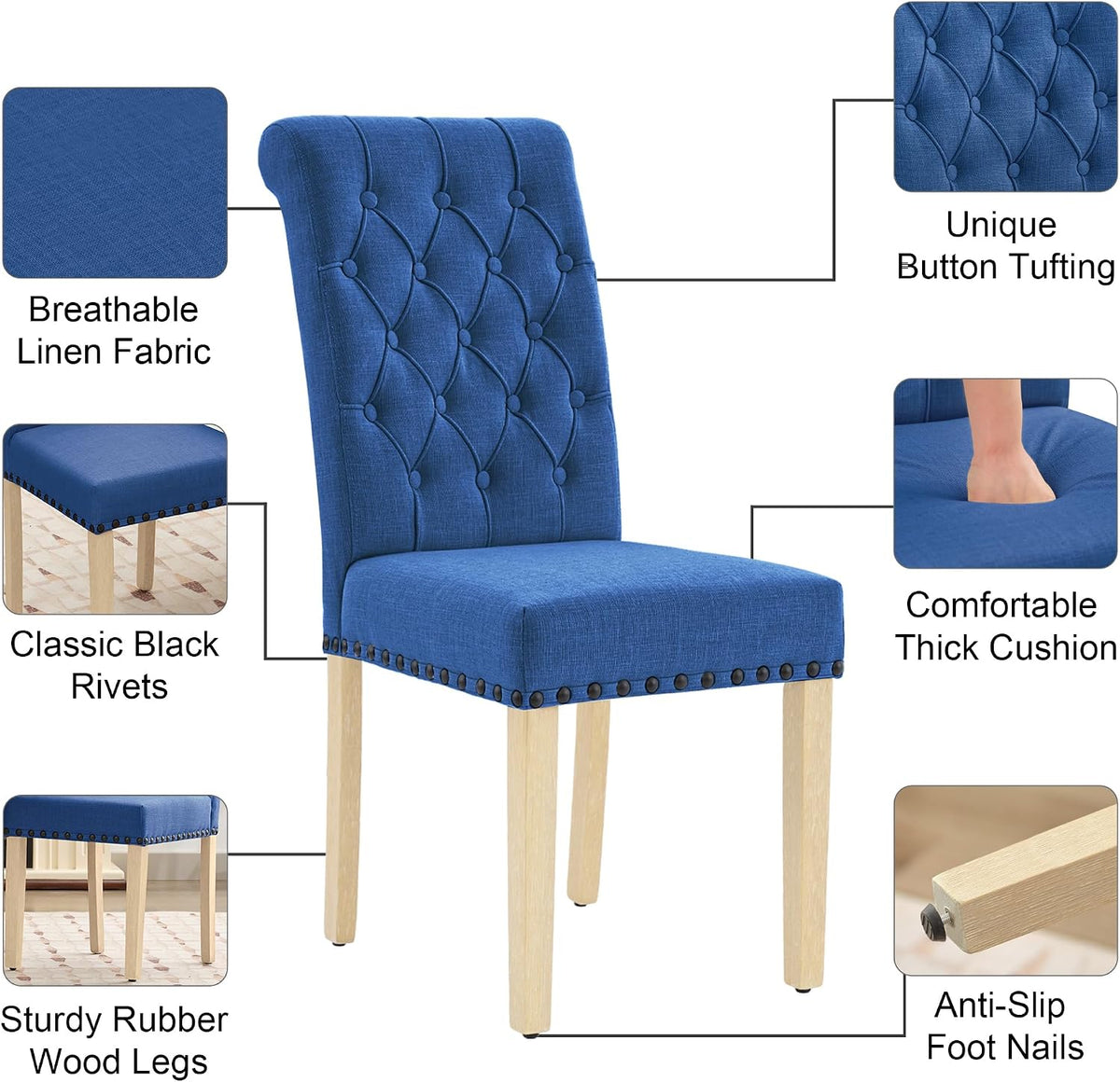 LOULENS Fabric Dining Chairs Set of 2, Upholstered Kitchen Chairs, Dark Blue