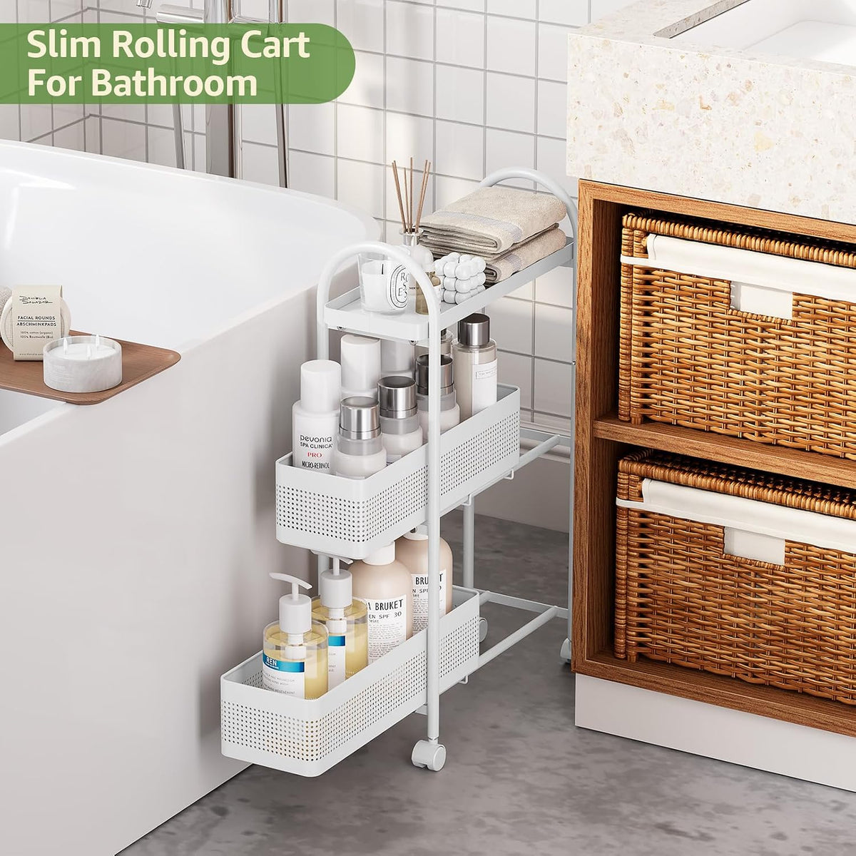 KINGRACK 3 Tier Slim Rolling Cart with Drawer, Metal Utility Storage Cart | 2 Pull-out Baskets, Lockable Wheels, Narrow Space Trolley Organizer for Bathroom, Kitchen, Office, Dorm, Laundry Room, White