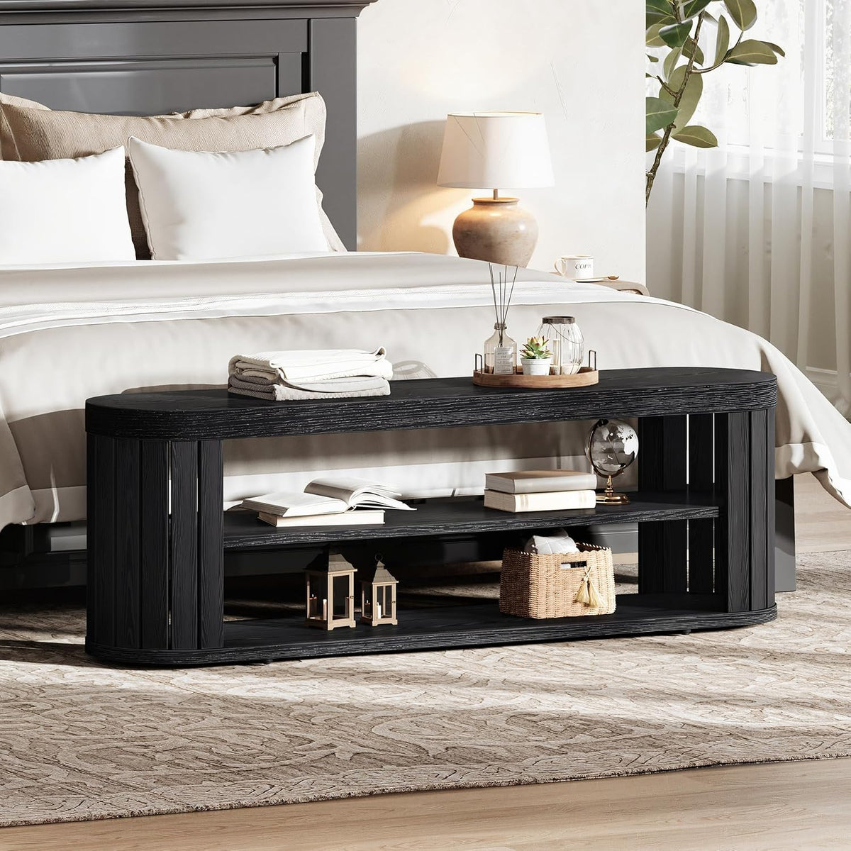 Tribesigns 47.2" Wooden Entryway Bench with 2-Tier Shoe Storage, Farmhouse Dining Bench with Adjustable Foot Pads, End of Bed Stool for Bedroom, Hallway, Living Room, Dining Room, Black