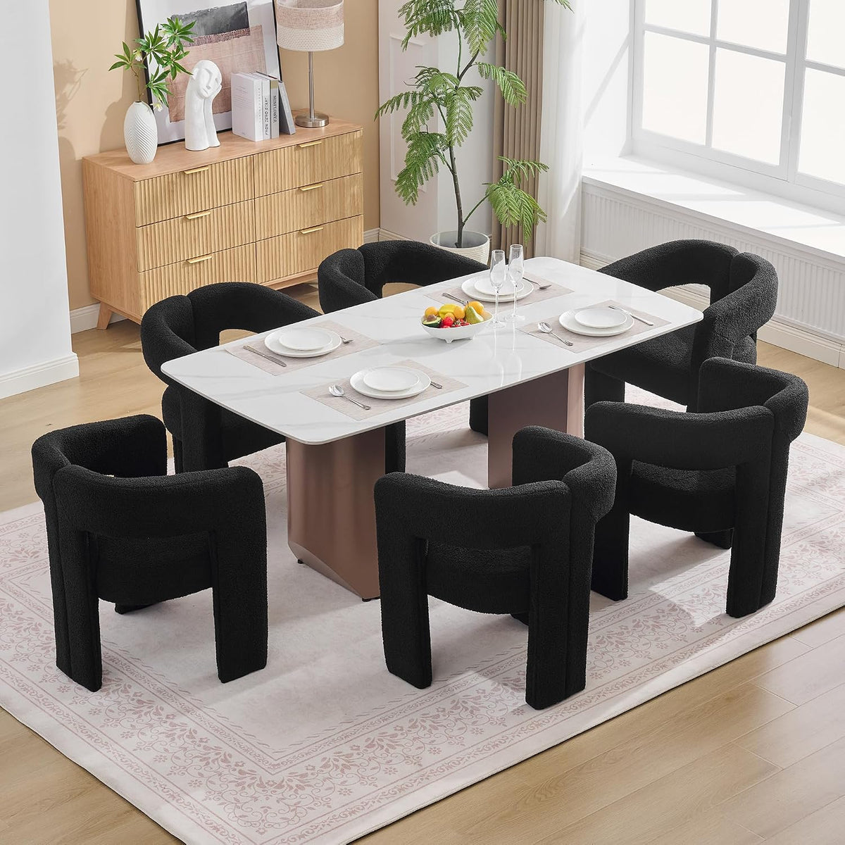 adochr Barrel Dining Chairs Set of 4,Teddy Accent Chairs with Arms,Black | Wooden Legs, Upholstered Modern Dining Room Chair, Comfy Side Armchairs for Kitchen/Dining Room/Living Room
