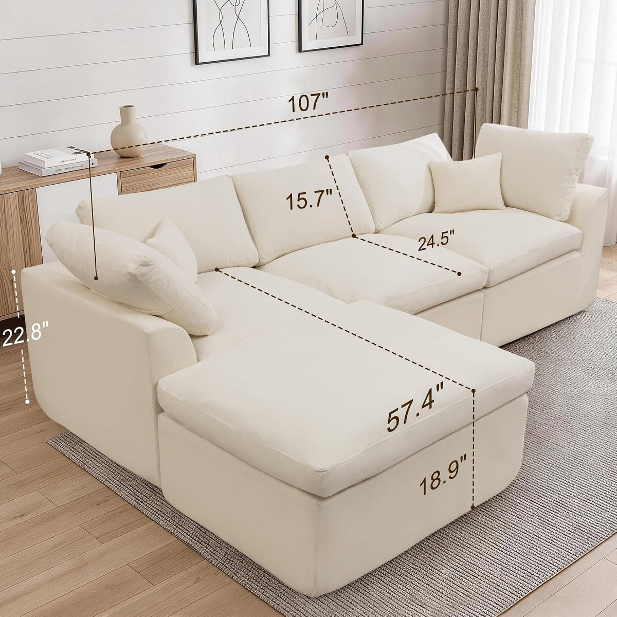 Korser 110" Cloud Sectional Couches for Living Room, Modern Modular Sectional Sofa with Ottoman, Cloud Couch with Comfy Deep Seats, Fluffy Chenille L-Shape Sofa Couch for Living Room, Beige