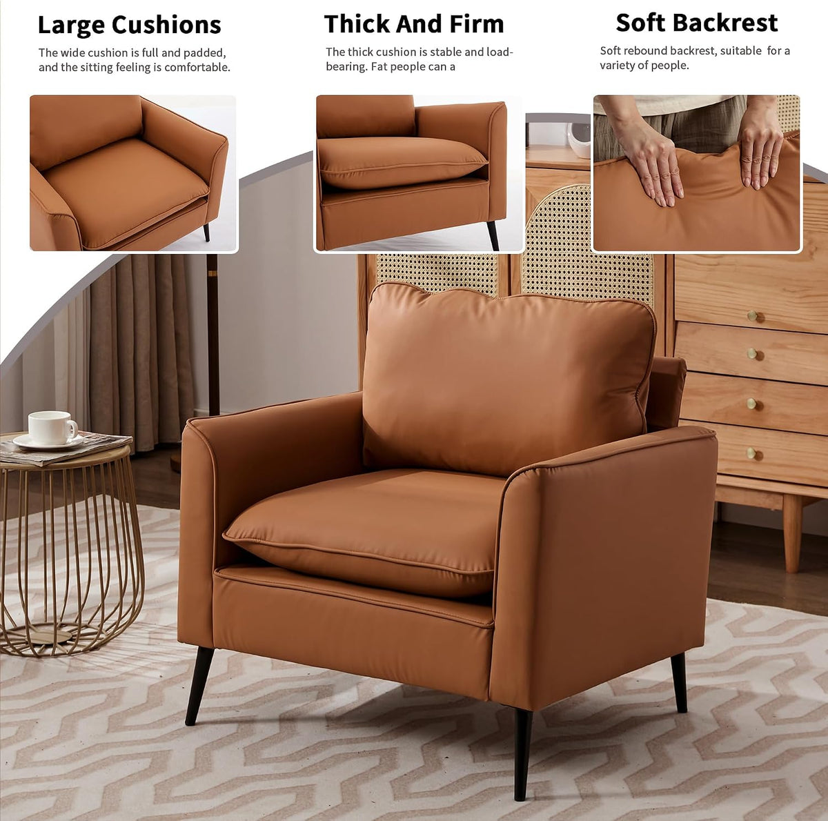 YISHENG Mid-Century Modern Living Room Accent Chairs Set of 2 - Oversized Faux Leather Armchairs with Removable Cushions & Metal Legs, Comfortable Sofas for Office/Lounge/Bedroom/Reception,(Brown)