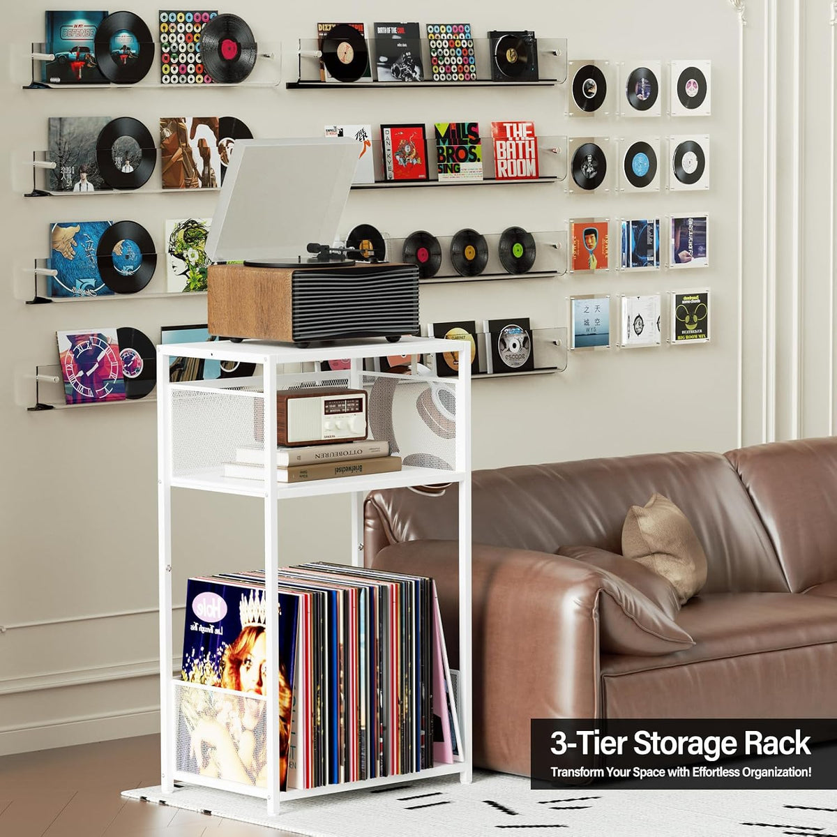 Aduanbang 3 Tier End Table,Record Player Stand with Storage Up to 100 Albums,Turntable Stand for Vinyl,White Records Shelf for Living Room Bedroom