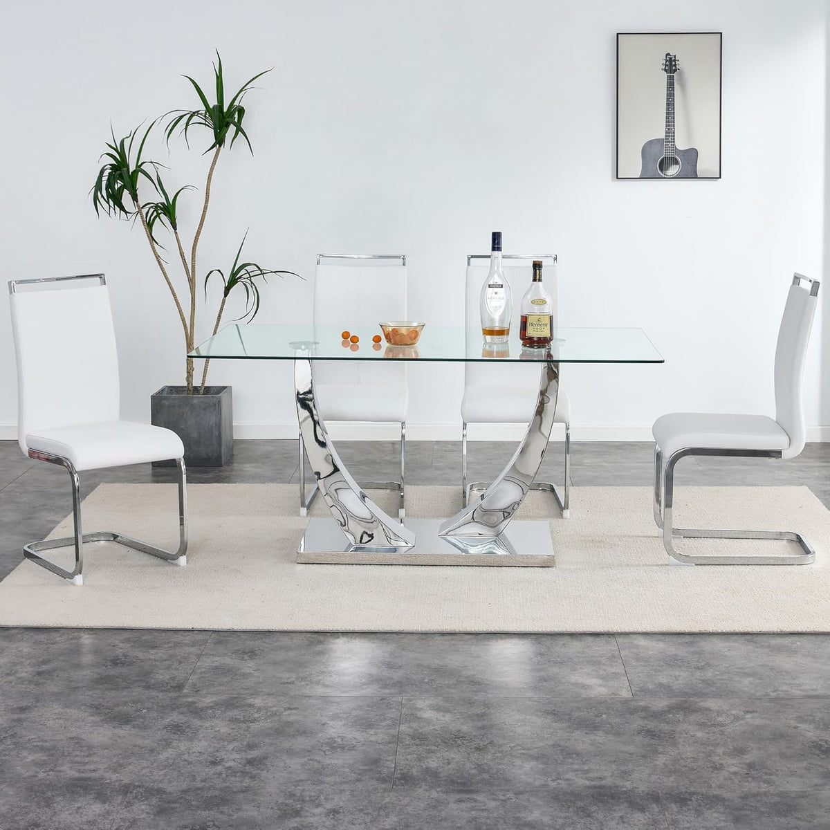 Modern Silver Dining Table, 63" Dining Room Table for 4-6 with Heavy Duty Tempered Glass Top, Rectangular Glass Kitchen Table with Sturdy U Shaped Base for Kitchen Dining Room