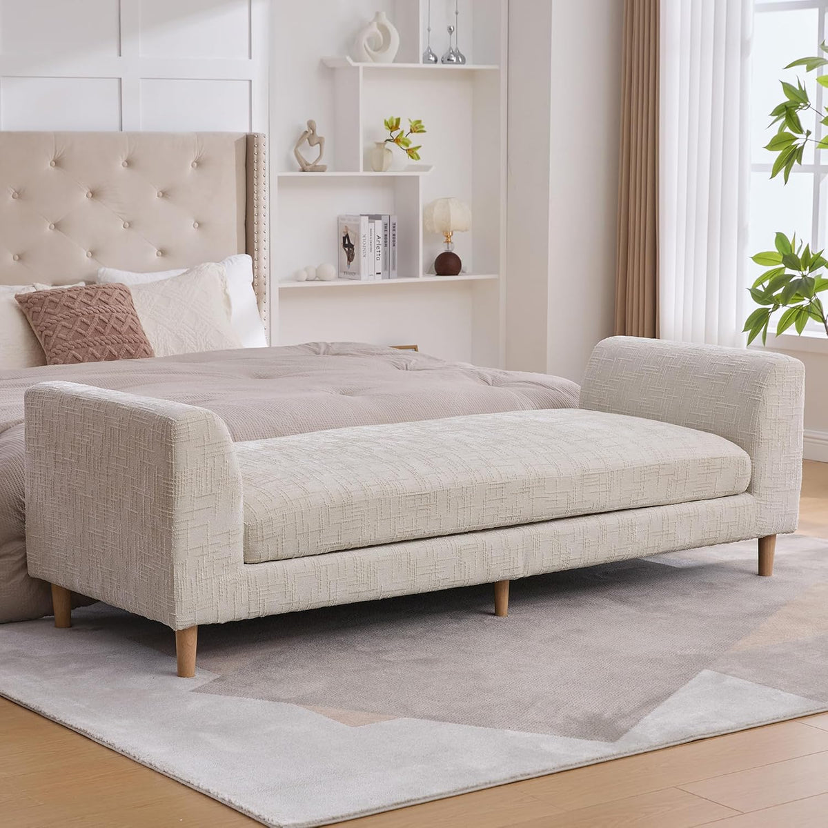 Beige King Size End of Bed Bench,83 Inch Long Bench for Bedroom with Armrests,Entryway Bench,Chenille Chaise Chair,Bench Daybed(Beige,White)