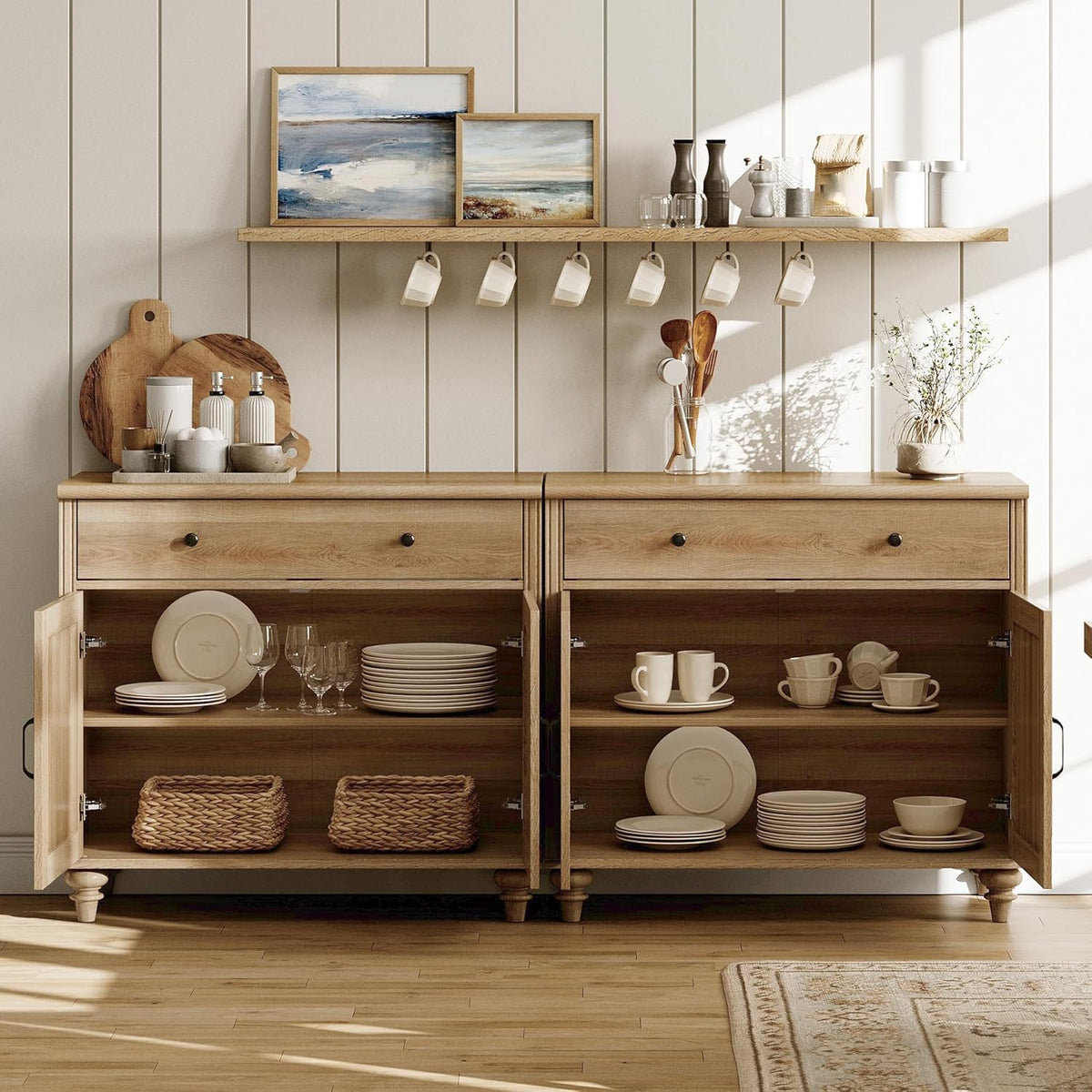 WAMAPT Buffet Cabinet with 4 Doors and 2 Drawers, Large Coffee Bar Table Wood Kitchen Storage Cabinets with Storage Cabinets, Modern Farmhouse Sideboard Credenza for Dining Room, Oak, 68 inch