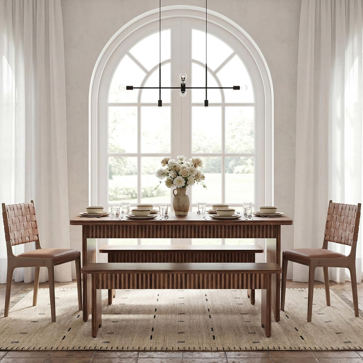 LITTLE TREE 55" Dining Table with 2 Benches, Dining Table Set for 4-6 People, Farmhouse Kitchen Table with Bench, Dining Room Table Set