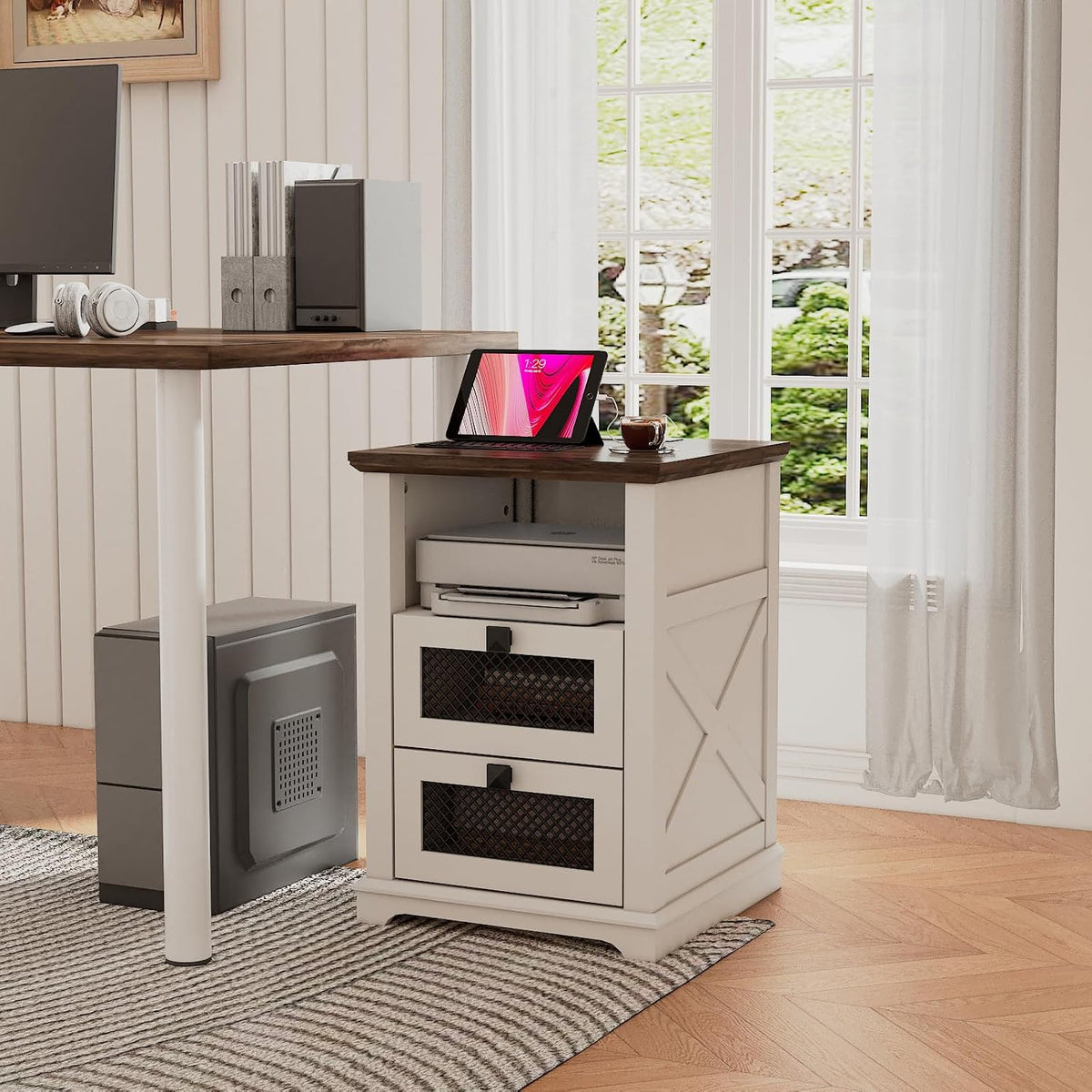 Farmhouse End Table with Charging Station, Nightstand with 2 Drawers & Open Storage,Sofa Side Table with Mesh Drawers, Design Bedside Table for Living Room, Bedroom, White