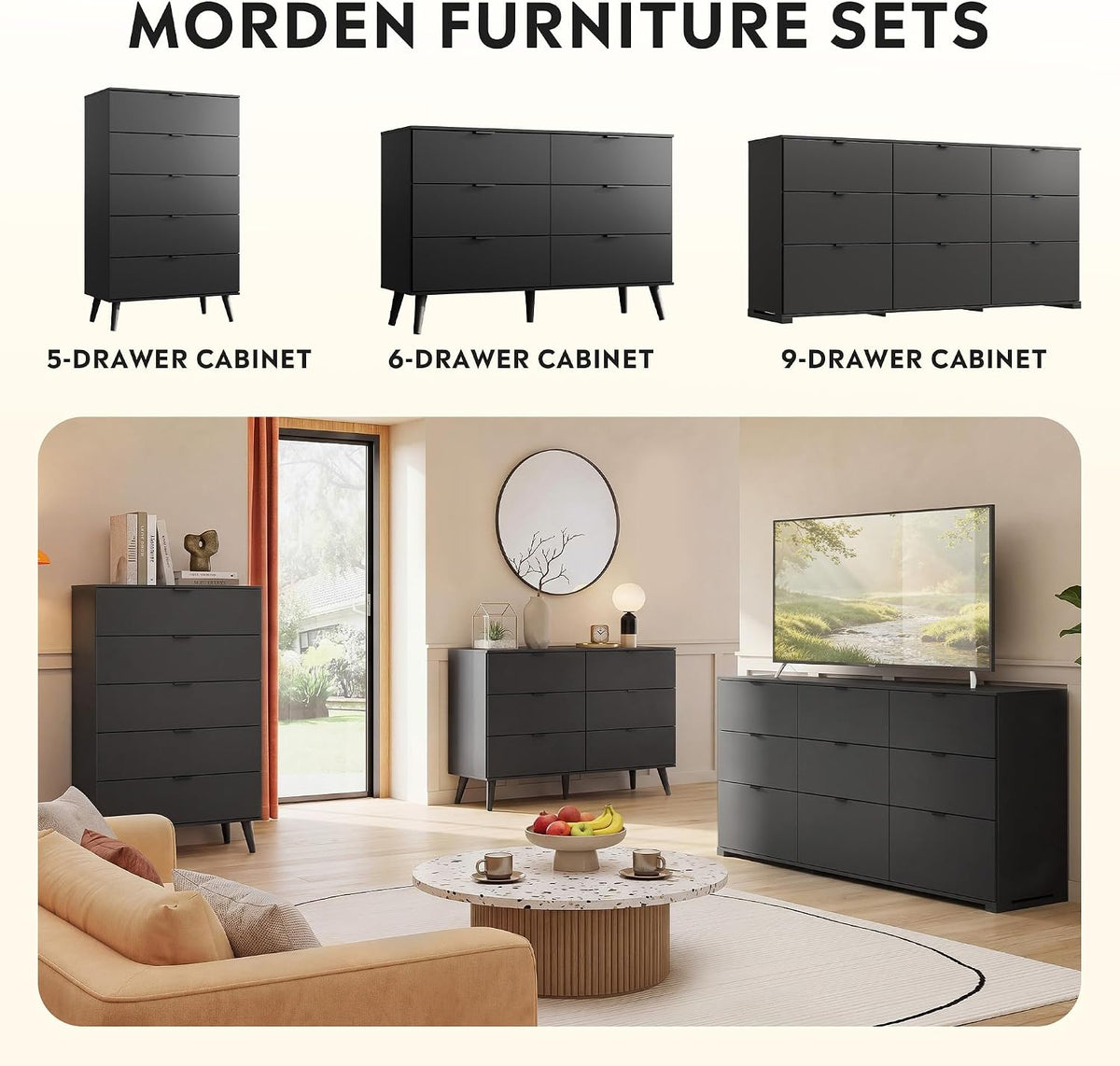 6-Drawer Moden TV Stand | Tall TV Console with Sturdy Metal Handles for Living Room,Black