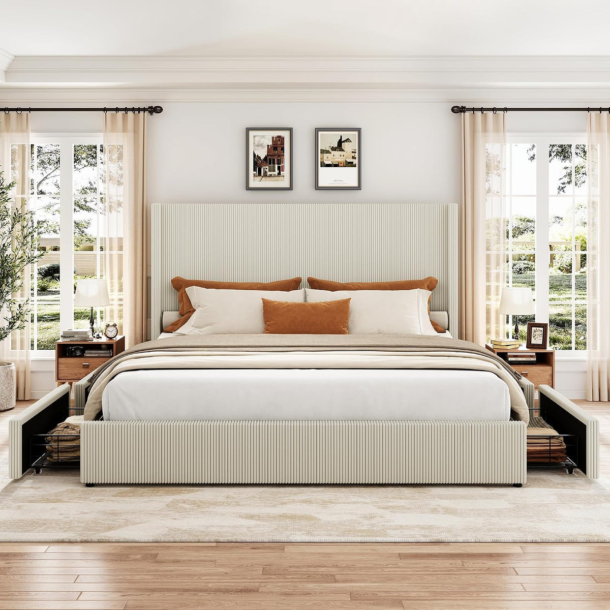 GarveeHome King Beige Storage Bed Frame, Corduroy Upholstered Platform Bedframe with 4 Drawers and Headboard, No Box Spring Needed, Easy Assembly