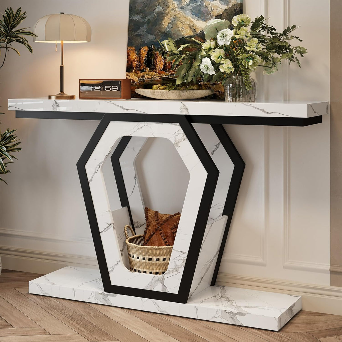 FUSUNBAO 47.3" Console Table,Openwork Bracket Sofa Table, Wood Narrow Entryway Table for Hallway, Behind The Couch, Living Room, Foyer, Easy Assembly(White Marble Texture)