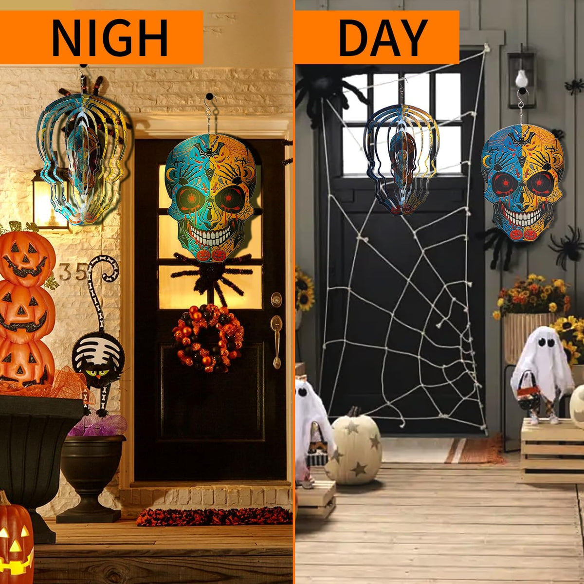 12 inch Halloween Decoration Skull Wind Spinner Clearance - 3D Metal Garden Spinner, Mandala Kinetic Art Outdoor Decor -Handcrafted Hanging Ornament for Outdoor,Patio, Yard,Garden