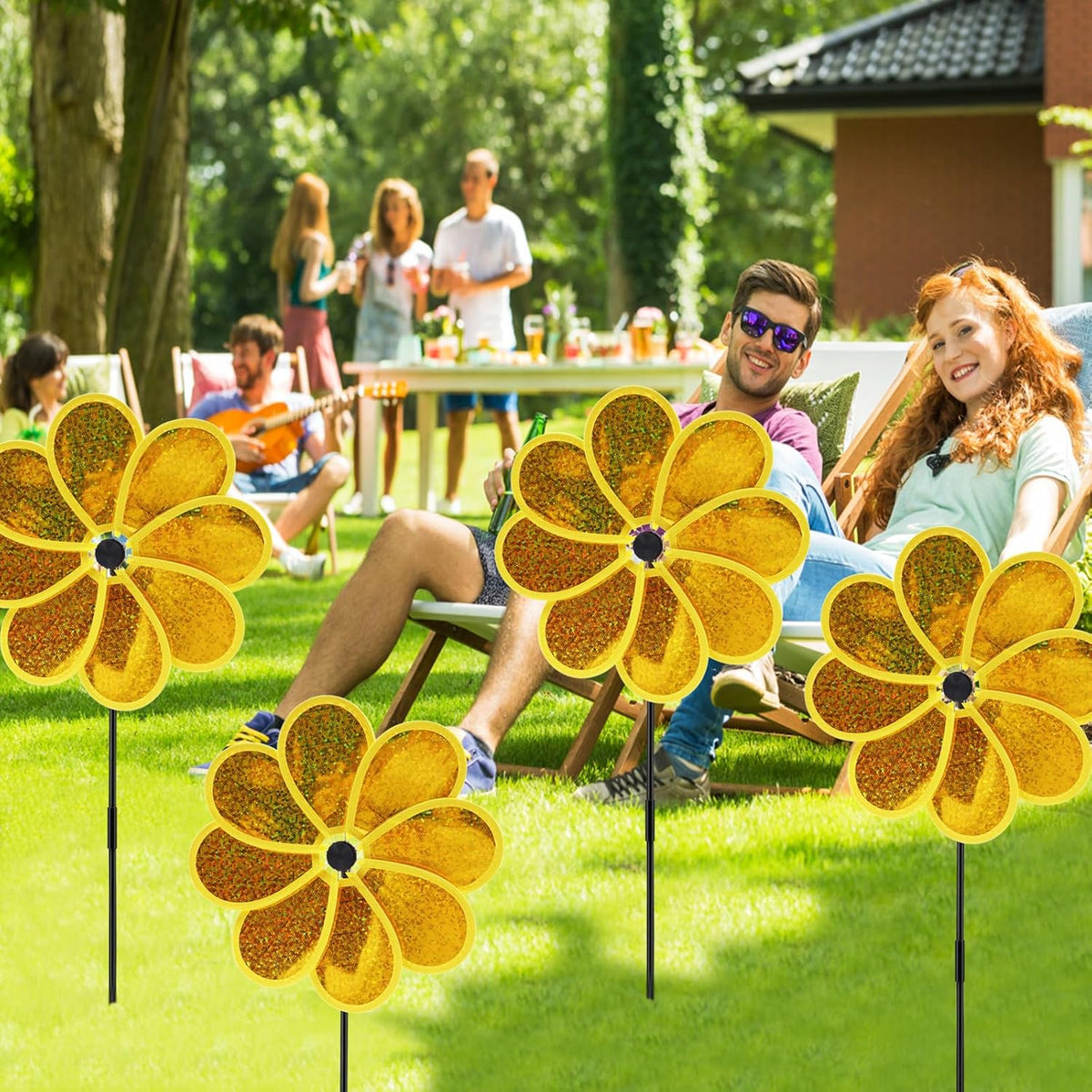 4PCS Flower Wind Spinner Sparkly Lawn Pinwheel 11.8 inch Yellow Garden Windmill for Garden, Party, Outdoor, Yard Decor