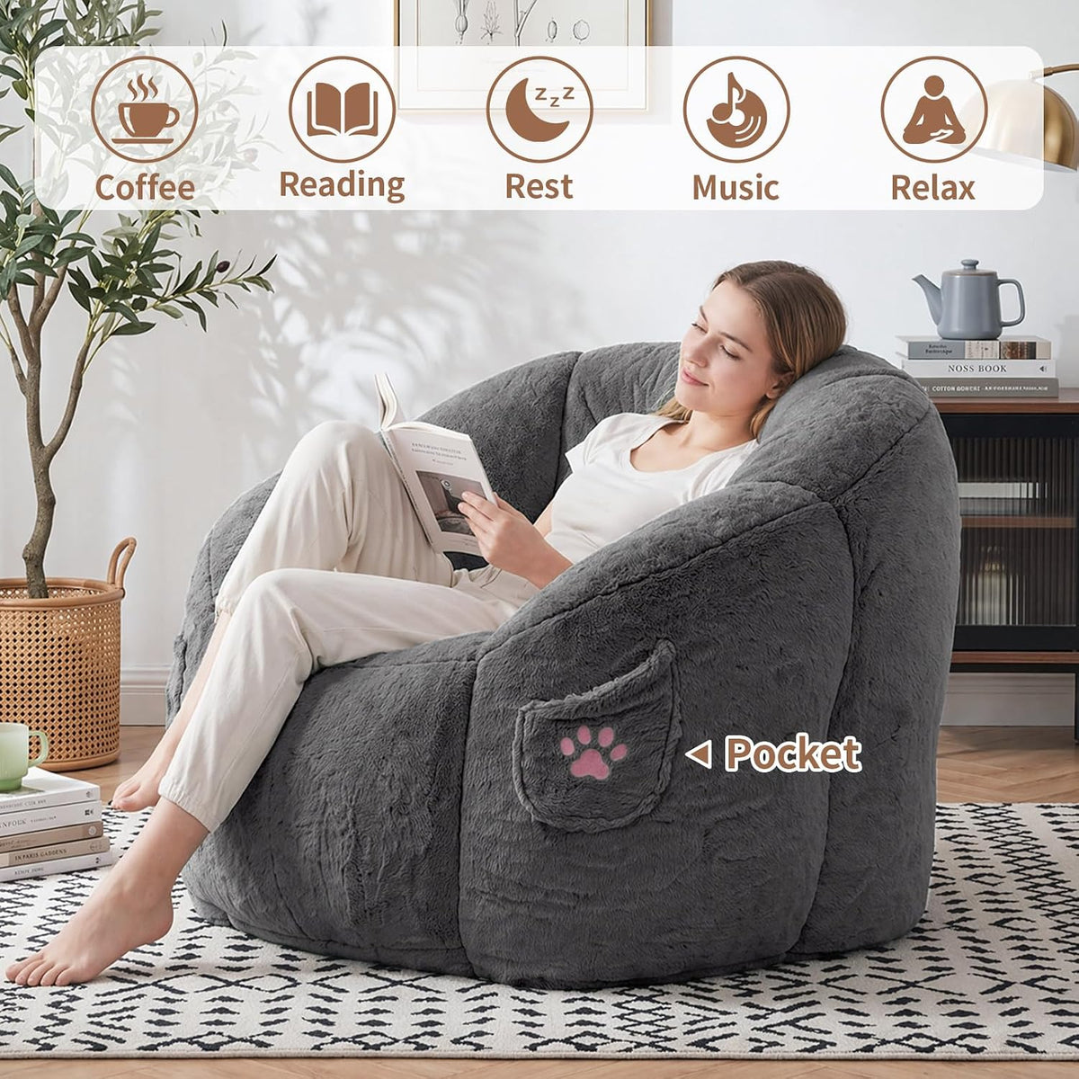 Vipbear Cat Paw Bean Bag Chair, Oversized Air-Cushion Sofa Chair Dark Gray | 39", air-cushion filling, cat paw Pocket, carry handle, oversized firm support, ergonomic, plush faux fur, gaming, reading