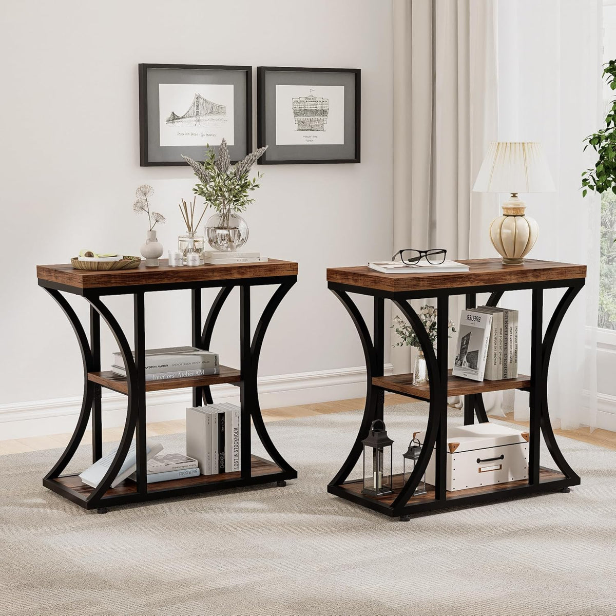 3 Tier End Table with Storage, Narrow End Table for Living Room and Bedroom, Small Space Wood and Metal Side Table, Rustic Brown