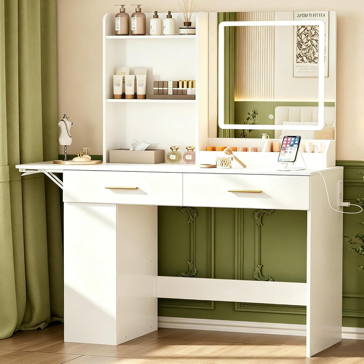 ERLEJIA Vanity Desk with Mirror and Lights, 43.31" Makeup Table Without Stool, Extra Foldable Desk with 3 Open Shelves 4 Drawers Dressing Table for Girls and Ladies Bedroom, White