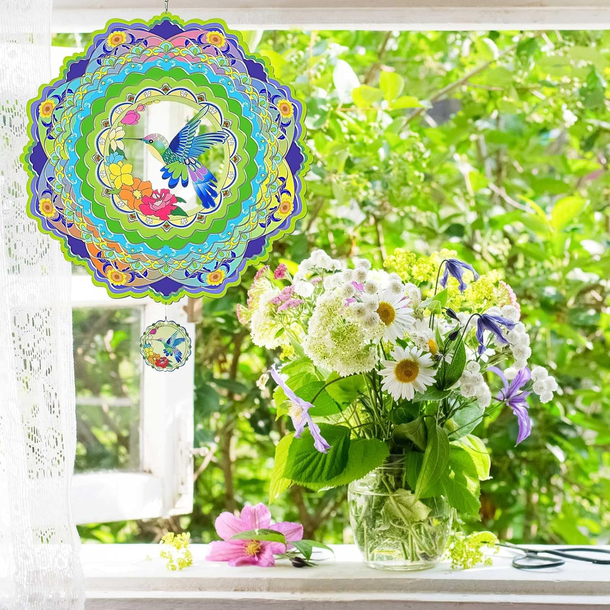 Hummingbird Wind Spinners for Yard and Garden, 12 inch 3D Metal Wind Spinner, Hummingbird Gifts for Mom and Dad, Hanging Wind Spinner for Outdoor & Indoor Decorations