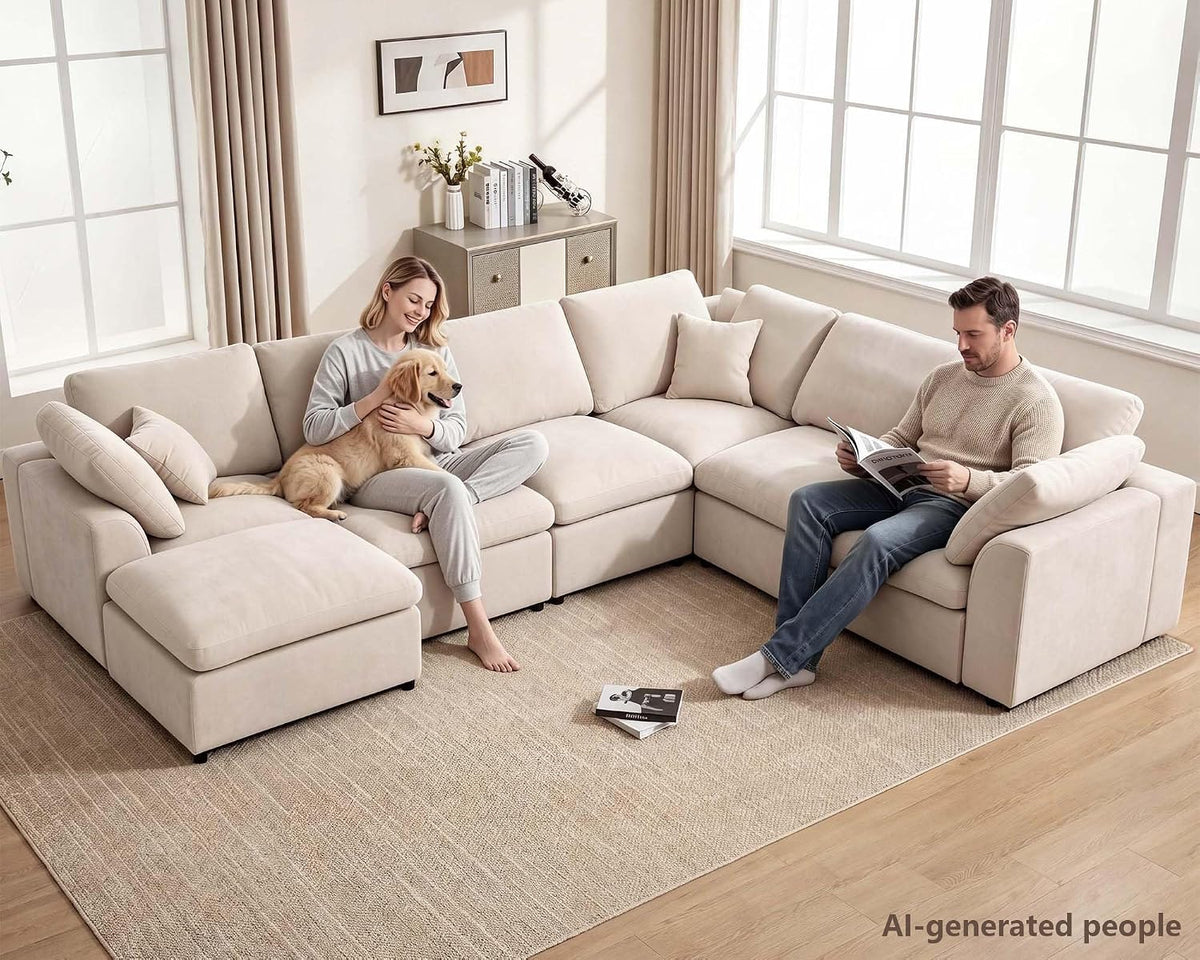 KIVENJAJA 130.3" Oversized Modular Sectional Cloud Sofa Couch, Beige