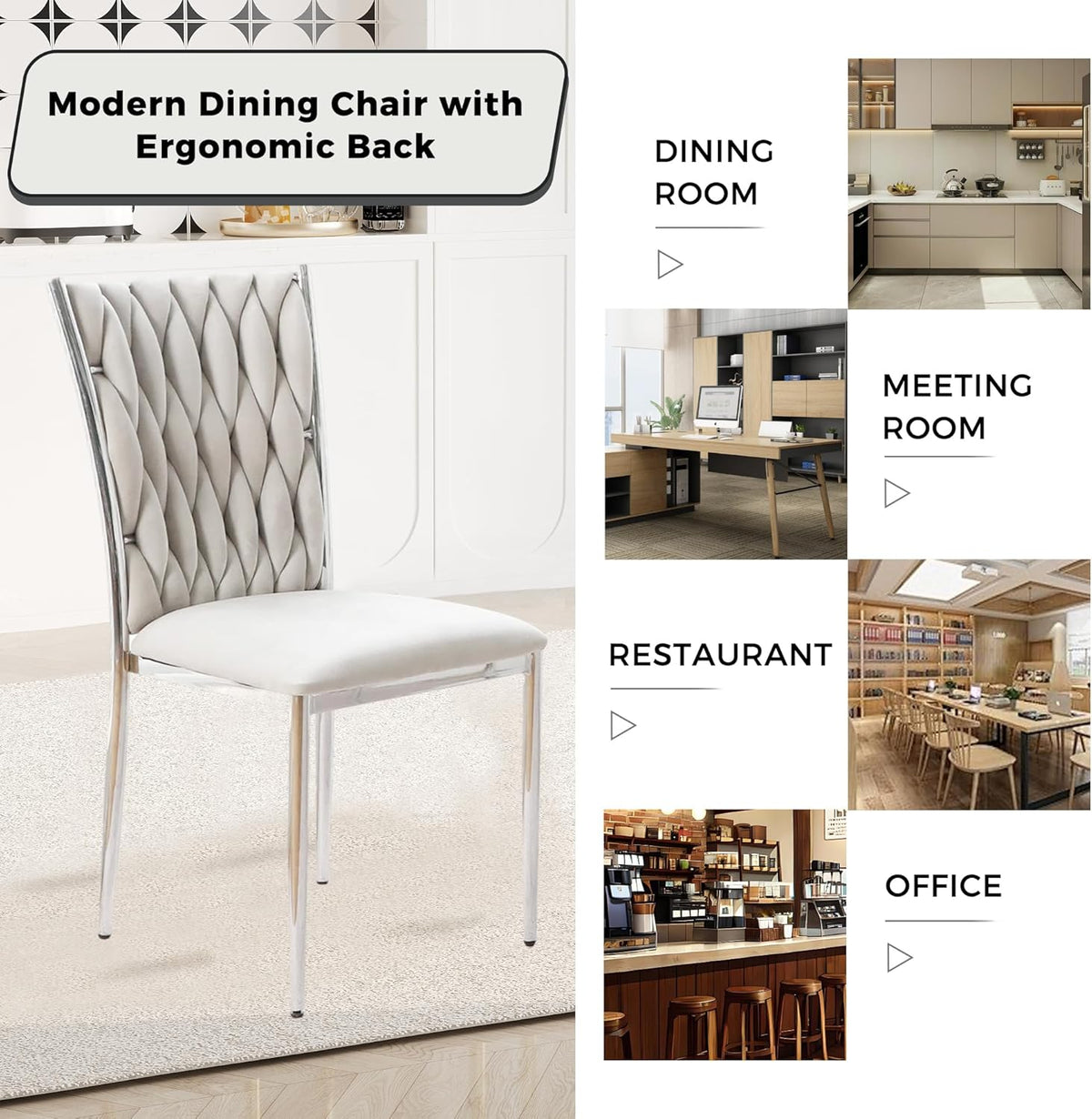 Velvet Dining Chairs Set of 6, Modern Woven Kitchen Chairs with Silver Metal Legs, Upholstered Cushion with High Back, Dirt Resistance, Easy to Install, for Living Room, Dining Room - Light Grey