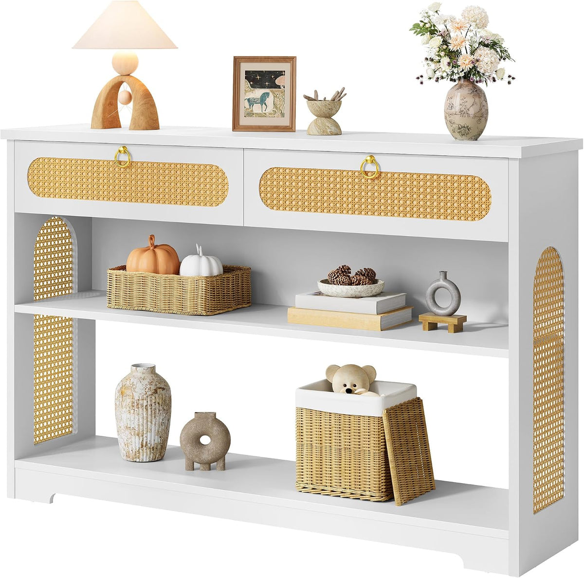 Hoctieon Rattan Console Table with 2 Drawers, 3-Tier Boho Woven Entryway Table with Back Panel and Open Storage Shelf, 40" Wood Narrow Long Sofa Tables for Hallway, Foyer, Living Room, White