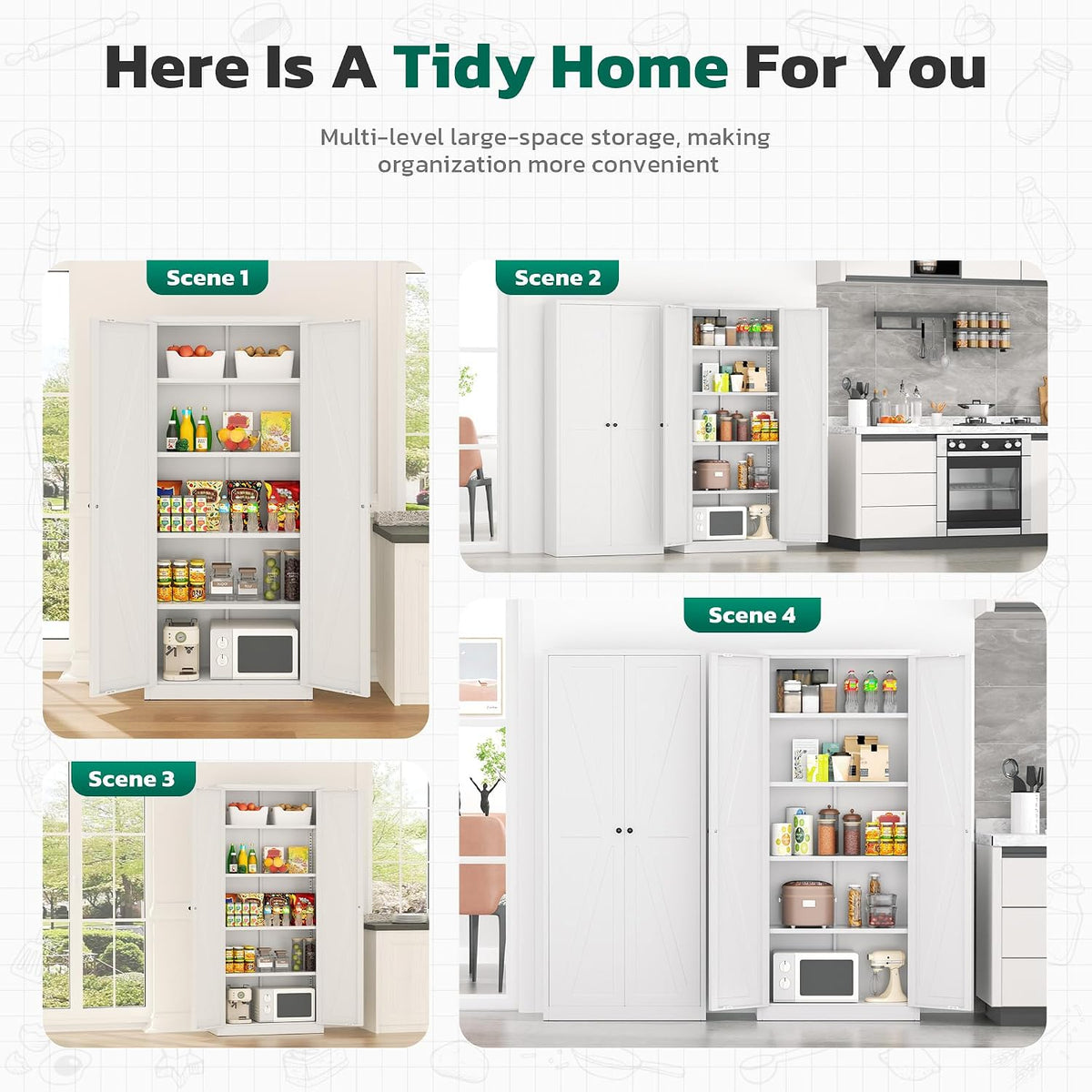 Greenvelly Metal Pantry Cabinet, 63” White Kitchen Pantry Cabinet with Doors and 4 Shelves, Tall Kitchen Cupboard for Laundry Room,Living Room,Dinning Room (Farmhouse)