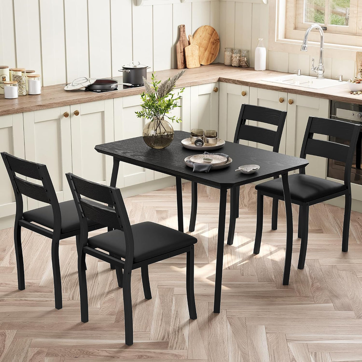 IDEALHOUSE Dining Table Set for 4 Modern Kitchen Table and Chairs Set with Chamfered Edges Cushioned Seats Space-Saving Metal Frame Compact Breakfast Nook (Soft Seat Black Tube + Black)