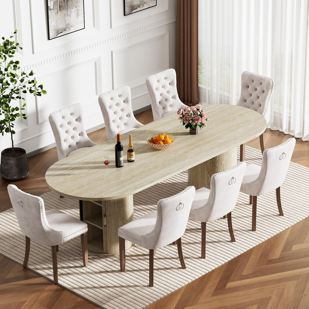 Modern Extendable Dining Table for 6-8-10,Rustic Expandable Oval Kitchen Tables,63-79-94 Inch Large Dining Table with Faux Travertine Top and Storage Pedestal Base