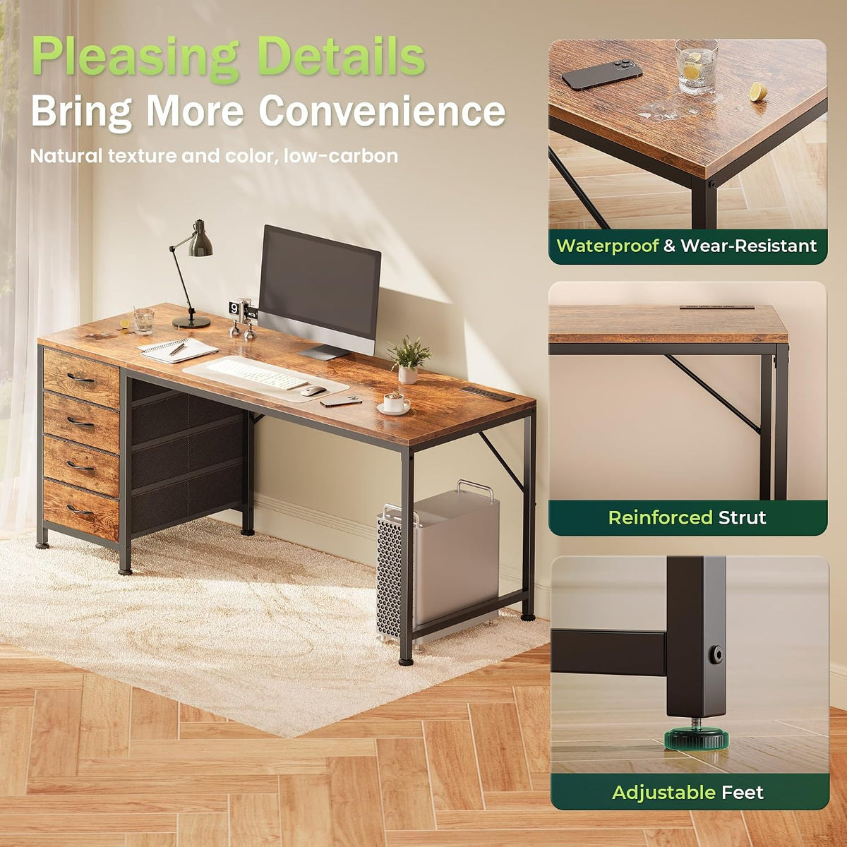 PRAISUN 55.1 Inch Computer Office Desk with Power Outelts and USB-C Port, Reversible Gaming Desk with 4 Fabric Drawers, Work Study Desk Work from Home, Rustic Brown