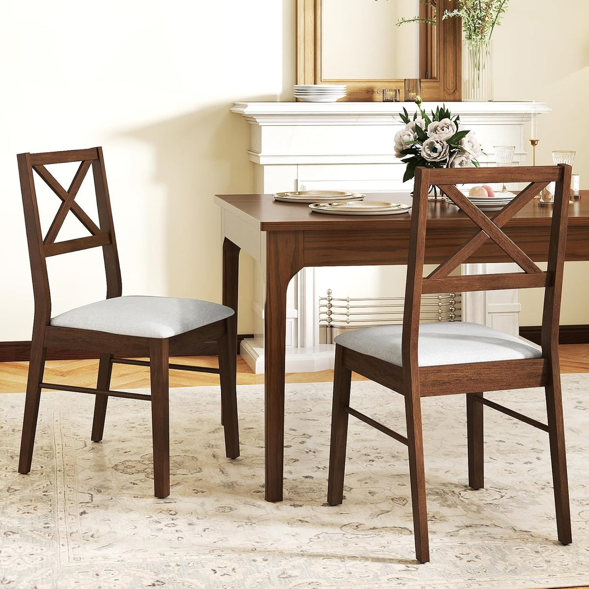 COSTWAY Wood Dining Chairs Set of 4, Upholstered Farmhouse Modern Dining Room Chairs with Backrest and 400LBS Capacity for Kitchen (Brown)