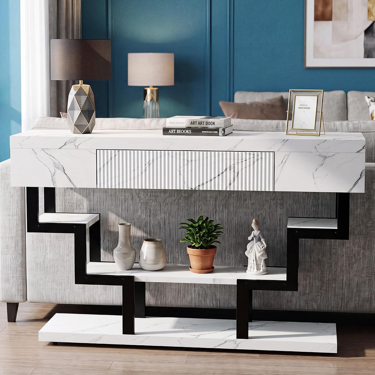 47.3" Console Table with Fluted Drawers, 3-Tier Modern Entryway Table with Geometric Black Metal Frame, Luxury Sofa Table for Living Room, Hallway, Foyer(White Marble Texture