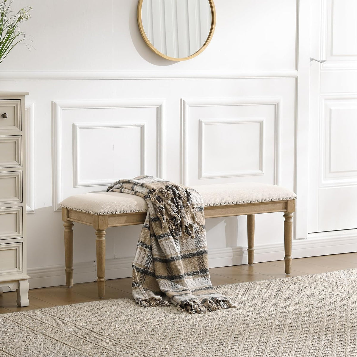 chairus Farmhouse Dining Bench 46" Wooden Entryway Bench with Padded Seat and Nailhead Trim for Kitchen Bedroom,Indoor and Hallway, Beige Linen