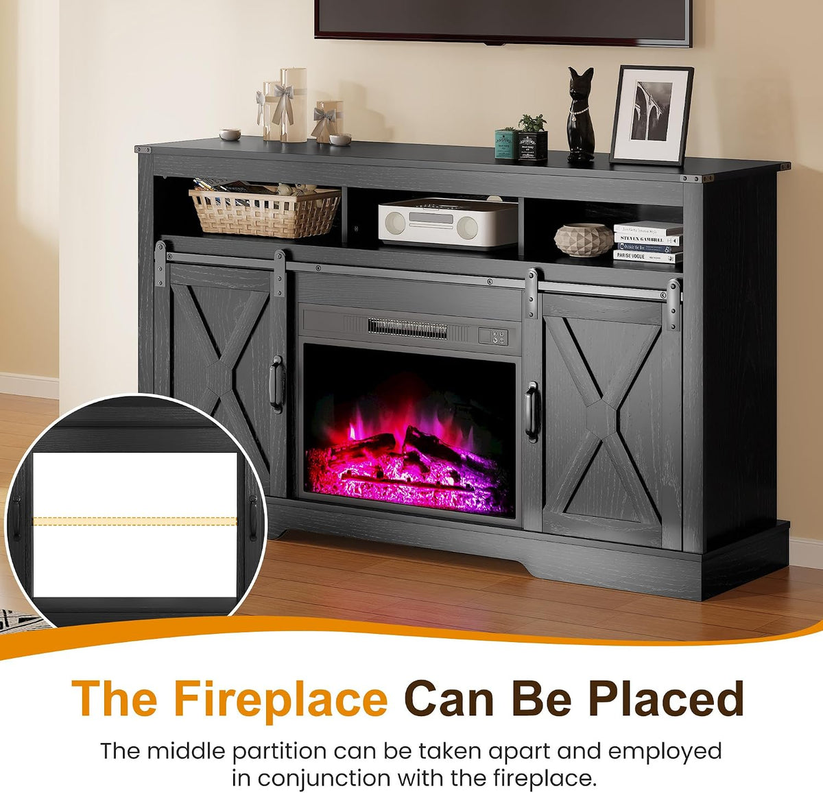 RoyalCraft Farmhouse TV Stand for 23" Fireplace, 34'' Tall Entertainment Center for 65+ Inch TV, 34" Tall Rustic TV Console with Sliding Bar Door for Living Room Black