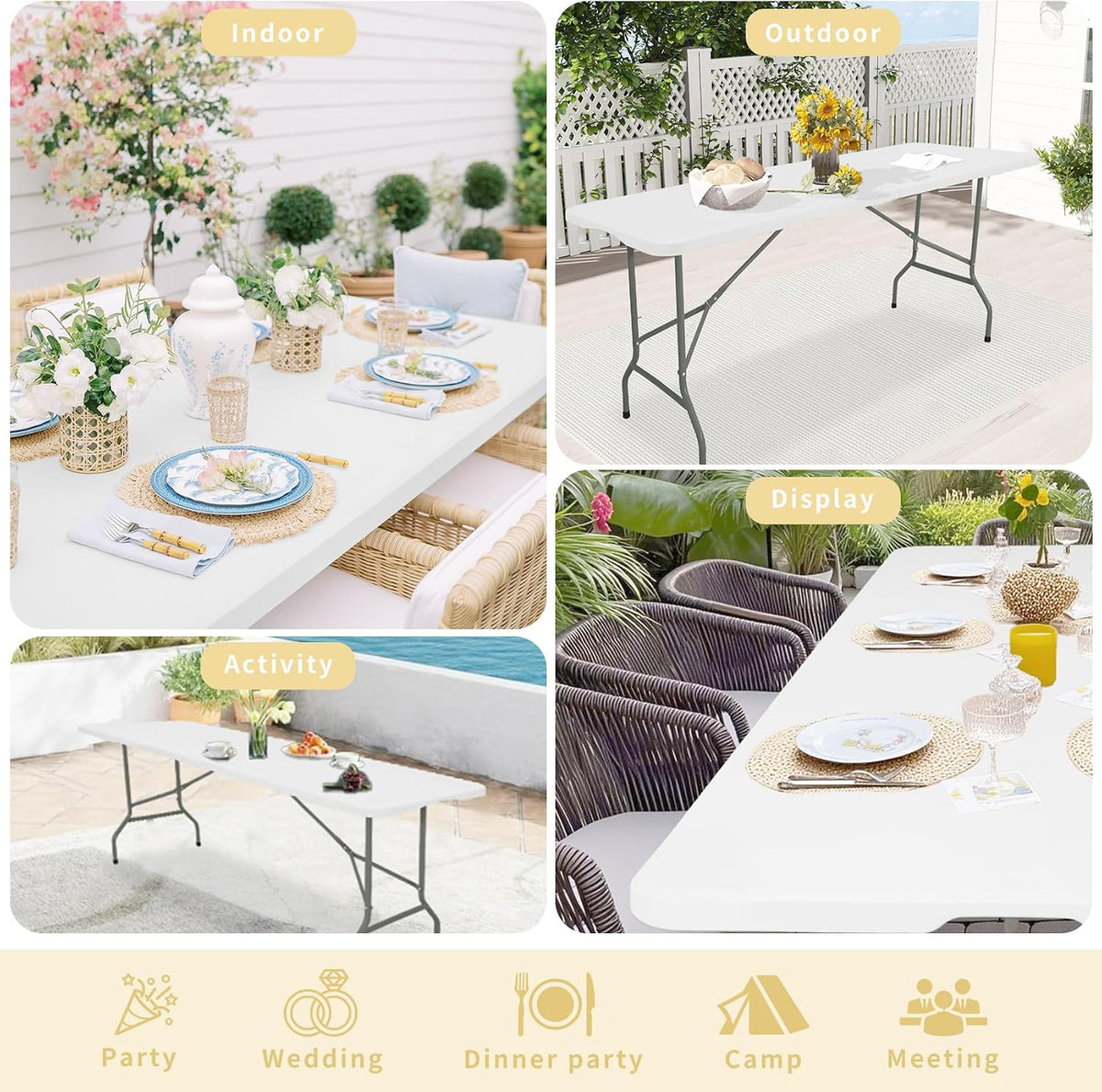 HAISIWLKJ Folding Table 6 FT Lightweight Camping Table White Portable Plastic Rectangular Outdoor Dining Table Steel Legs Fold-in-Half with Carrying Handle for Indoor,Picnic,Party,Wedding,Events