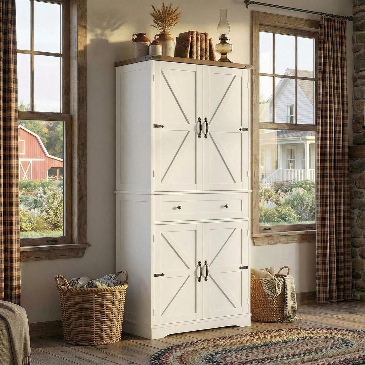 HOSTACK 71" Kitchen Pantry Storage Cabinet, Farmhouse Pantry Cabinet, White | Tall Kitchen Storage Cabinet with Wide Drawer, Freestanding Food Pantry with Doors & Shelves for Dining Room, Living Room