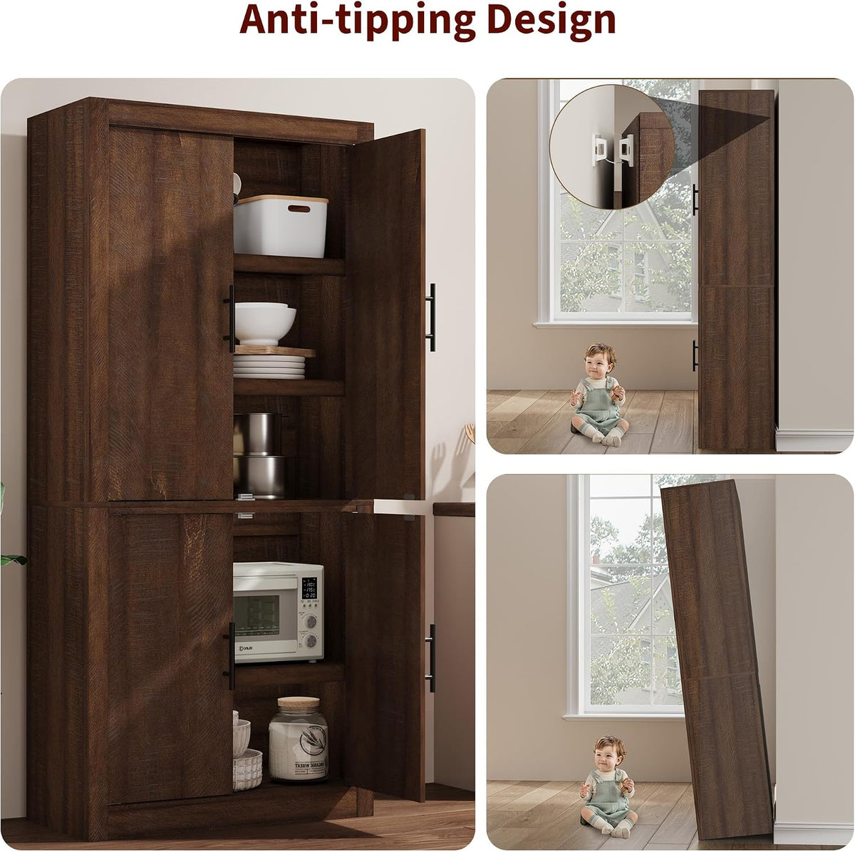 Garvee Tall Farmhouse Pantry Cabinet with Adjustable Shelves, 70.4" Kitchen Storage Cupboard with 4 Doors, Freestanding Microwave Stand and Food Organizer, Dining Area, Rustic Brown
