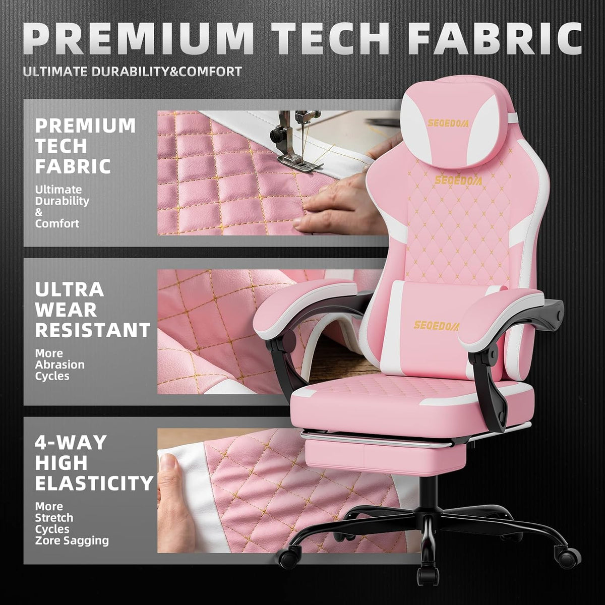 Ergonomic Gaming Chair with Footrest & Massage Lumbar Pillow, Height Adjustable 360° Swivel Computer Chair, Linked Armrest & Headrest for Office Gaming (Pink White)