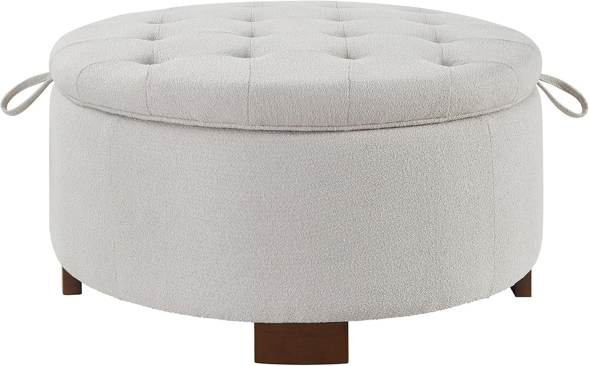 30'' Round Ottoman with Storage, Oversized Ottoman Coffee Table with Reversible Lid and Wooden Legs, Boucle Upholstered Tufted Footstool, Dual-Purpose Seat & Table for Living Room Bedroom, Beige