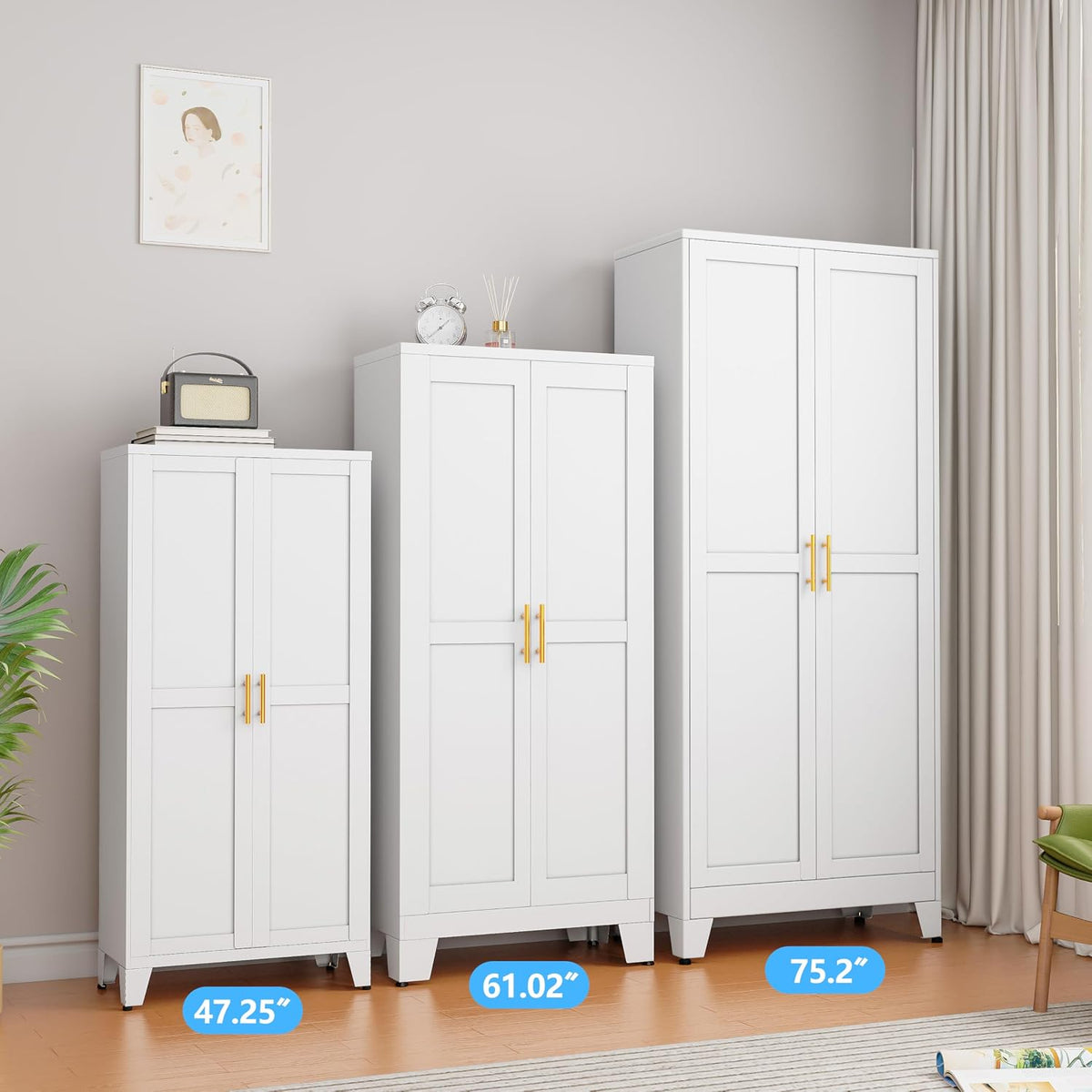 Metal Storage Cabinet with Doors and Shelves, 61" Tall Kitchen Pantry Storage Cabinet for Food, Large Freestanding Pantry Closet for Kitchen, Dining Room, Living Room (White)