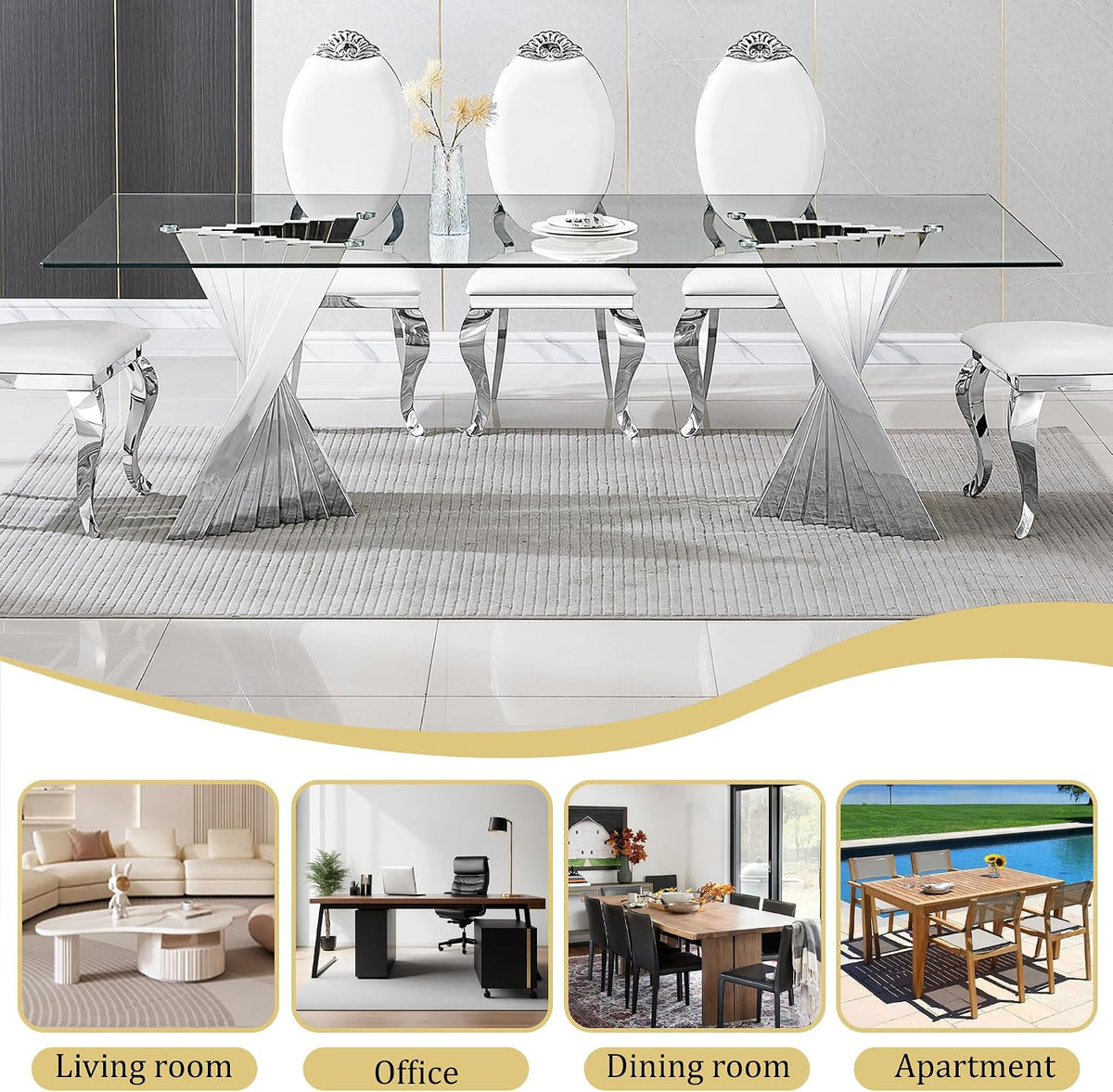 94" Glass Dining Table for 8-10, Large Luxury Kitchen Table with Tempered Glass Minimalist Tabletop and Silver Stainless Steel Pedestal for Dining Room (Table Only)