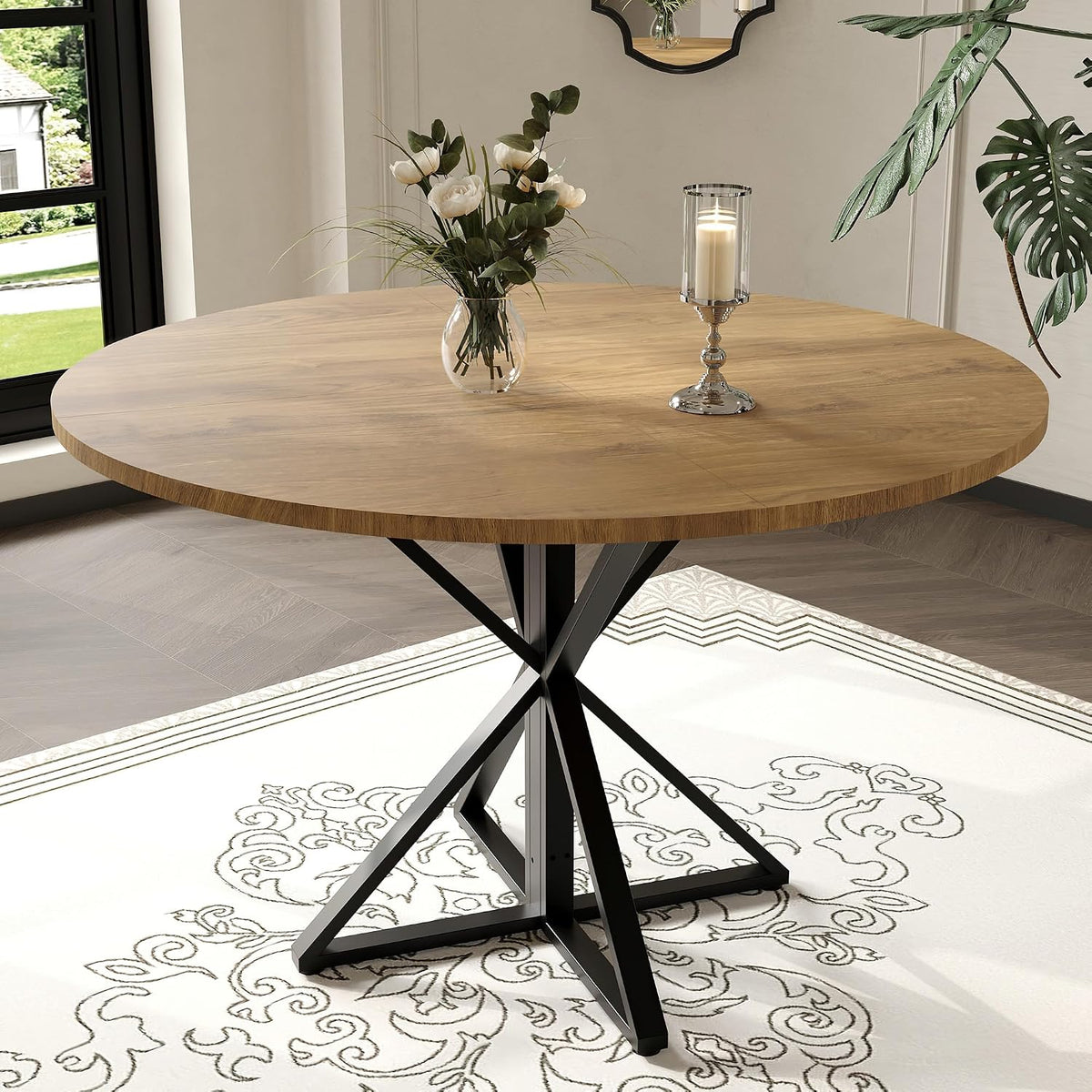 GarveeHome 47 Inch Round Dining Table for 4, Circle Kitchen Table with Pedestal Base, Farmhouse Wooden Dining Table for Small Spaces, Kitchen & Dining Room, Living Room(Brown/Only Table)