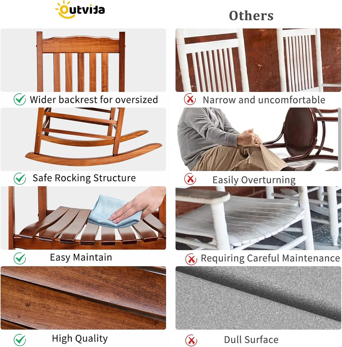 Outvita Outdoor Rocking Chair, Solid Wood High Back Rocker, Natural | All Weather Lounge Chair for Porch Patio Fire Pit Garden Backyard Deck Indoor, Wave Shape