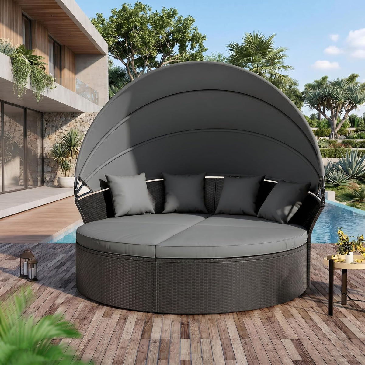 Crownland Round Patio Daybed with Retractable Canopy, Clamshell Wicker Sectional, Outdoor Wicker Furniture Daybed for Backyard, Poolside, or Garden,Grey