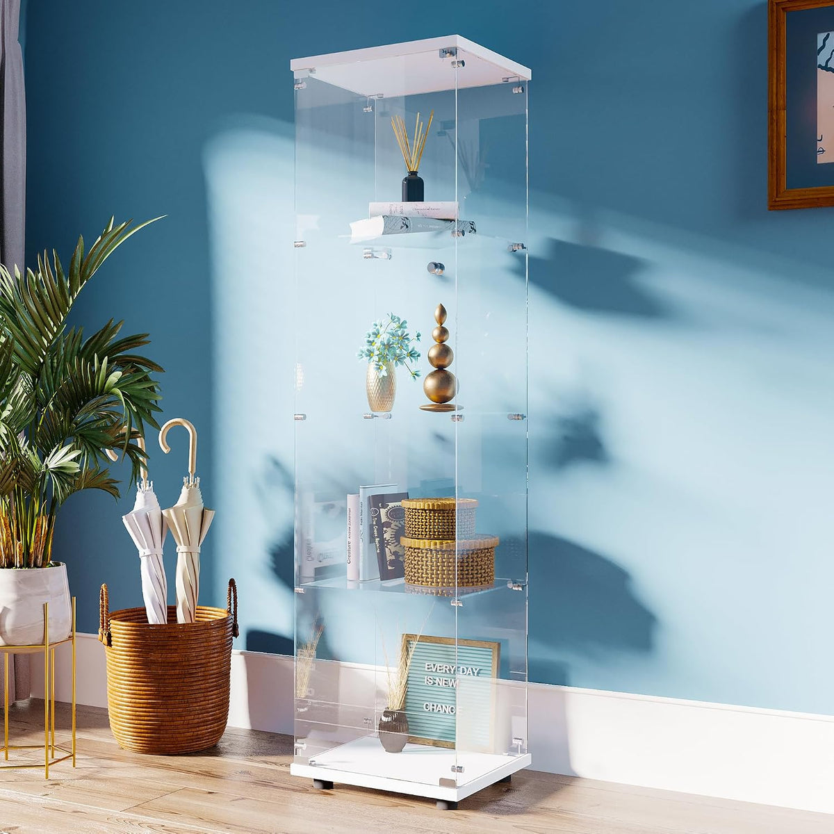FANYUSHOW Tempered Glass Display Cabinet 4-Shelf Curio Cabinet with Security Lock 5mm Display Shelf Showcase for Living Room/Bedroom/Office- White 64.7" H x 16.7" L x 14.37" W