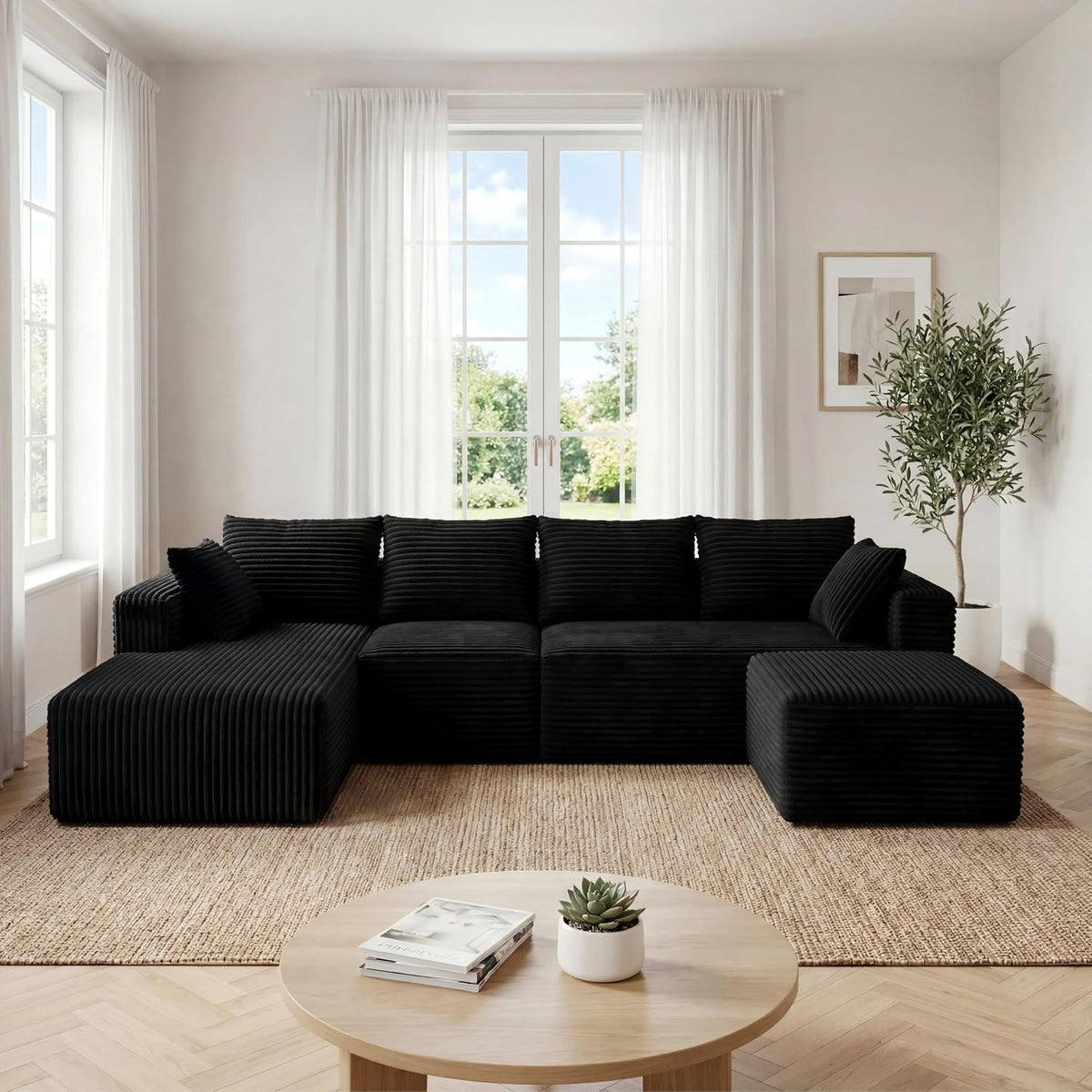 118" Modular Sectional Sofa with Chaise&Ottoman,Oversized U-Shaped Corduroy Cloud Couch, Deep Seat Couch for Living Room, No-Assembly,Black(Left Facing Chaise)